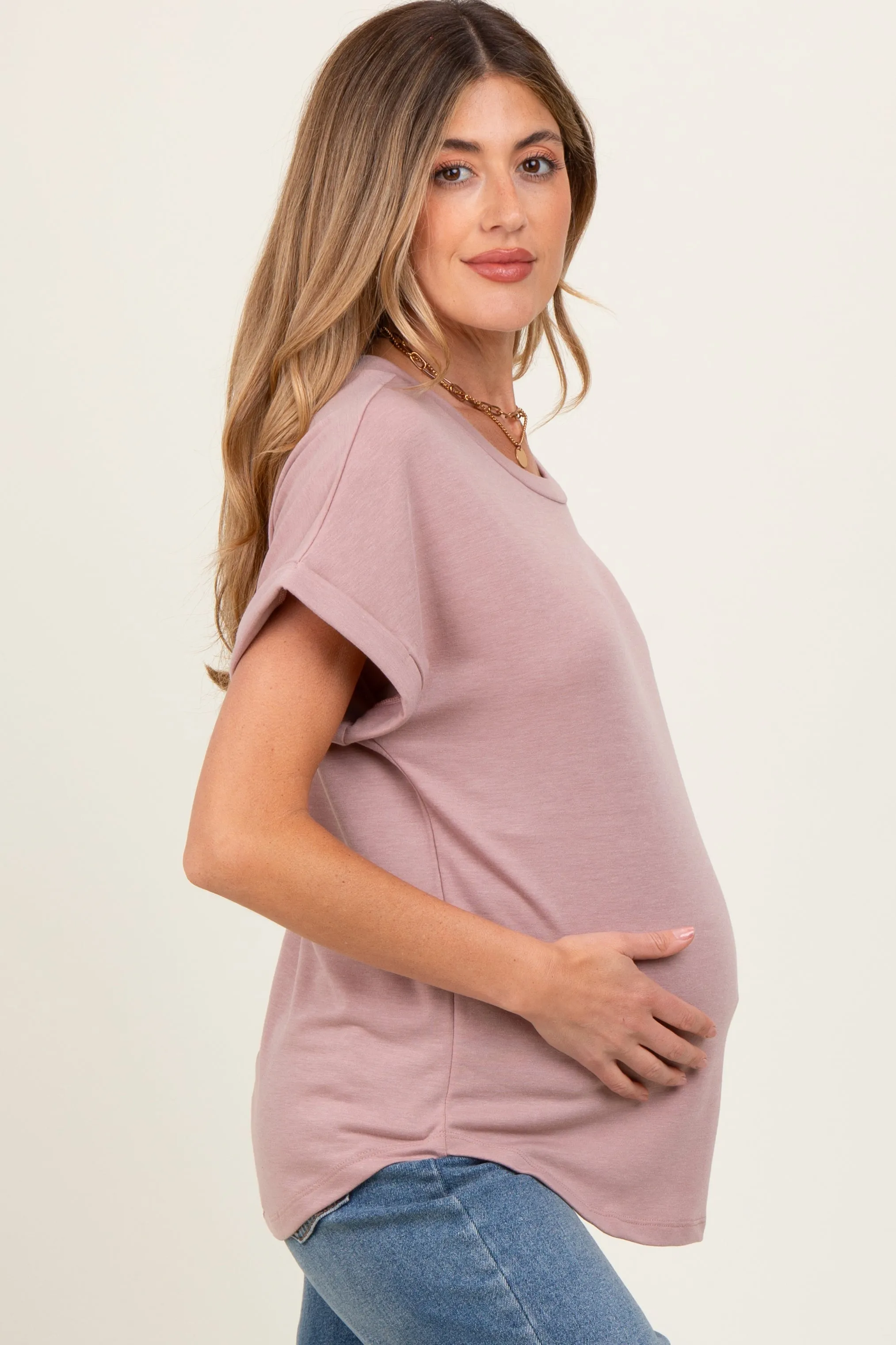 Light Mauve Rolled Cuff Short Sleeve Maternity Top sold by Pinkblush product image thumbnail 3