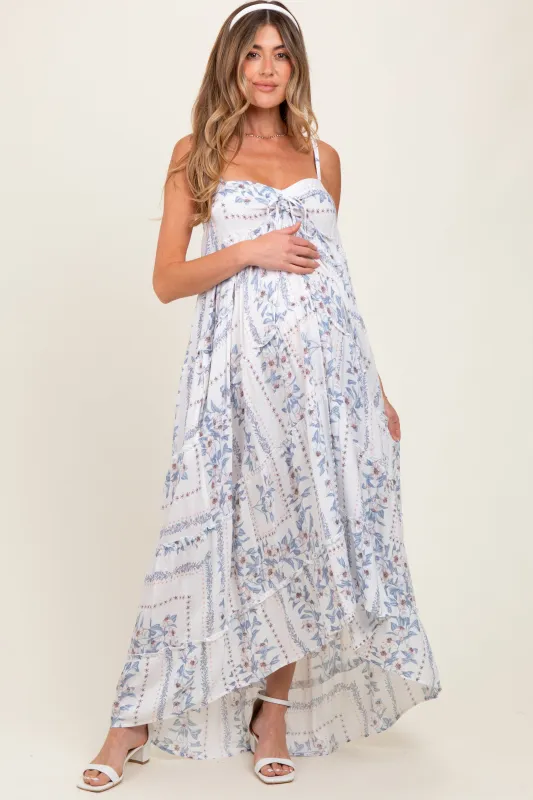 Light Blue Hi-Lo Spaghetti Strap Patchwork Ruffle Maternity Maxi Dress sold by Pinkblush