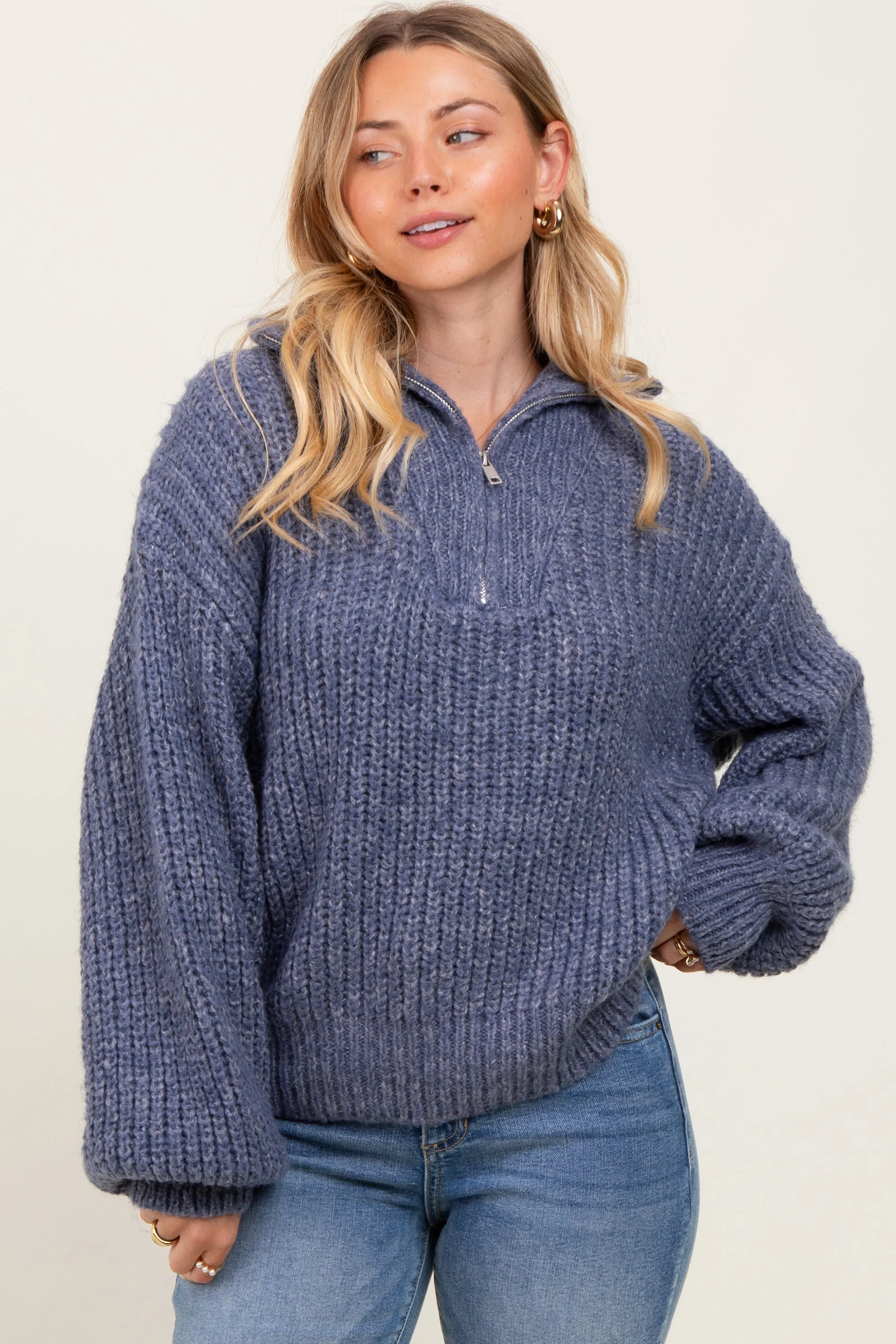 Blue Chunky Knit Quarter Zip Sweater sold by Pinkblush product image thumbnail 2