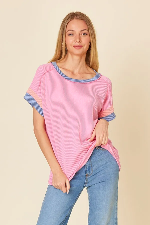 Pink Ribbed Colorblock Detail Maternity Short Sleeve Top sold by Pinkblush product image thumbnail 5