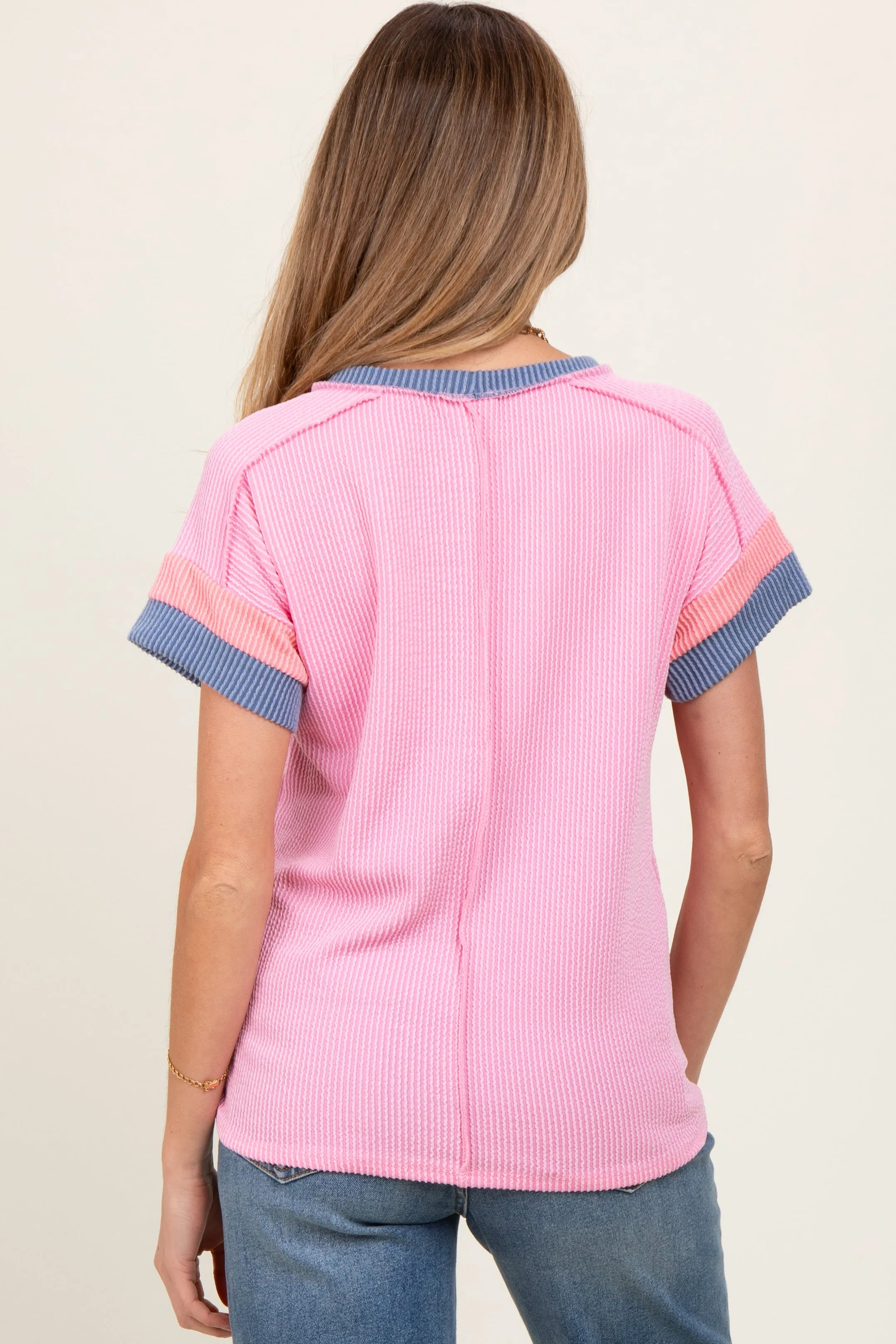 Pink Ribbed Colorblock Detail Maternity Short Sleeve Top sold by Pinkblush product image thumbnail 4
