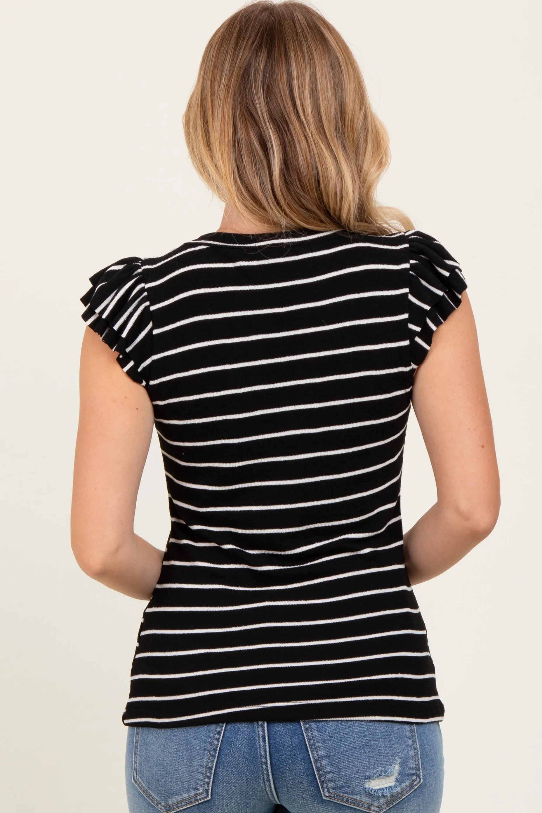 Black/Ivory Stripe Ribbed Ruffle Sleeve V-Neck Top sold by Pinkblush product image thumbnail 4