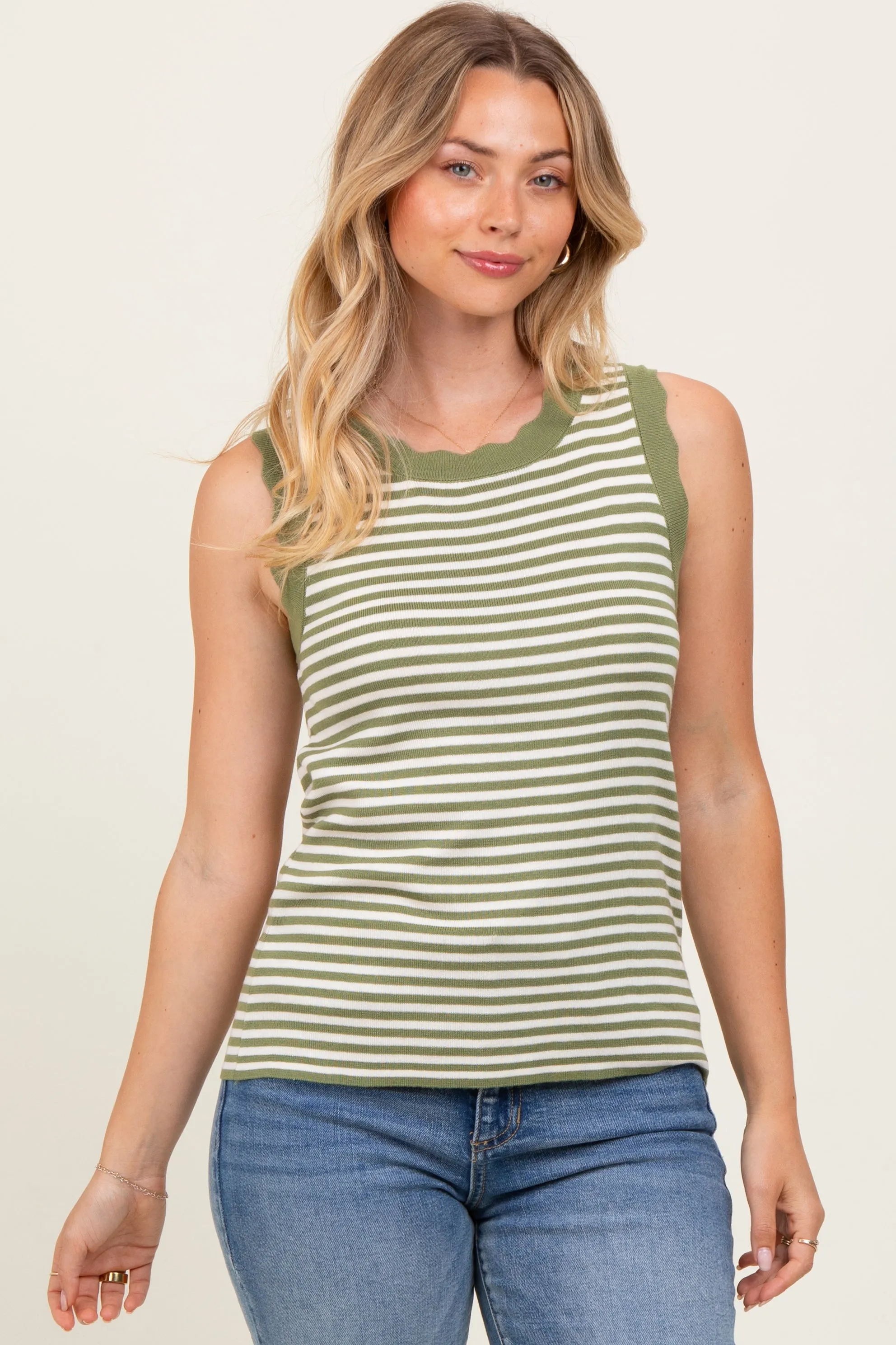 Olive Striped Knit Scallop Trim Sleeveless Top sold by Pinkblush