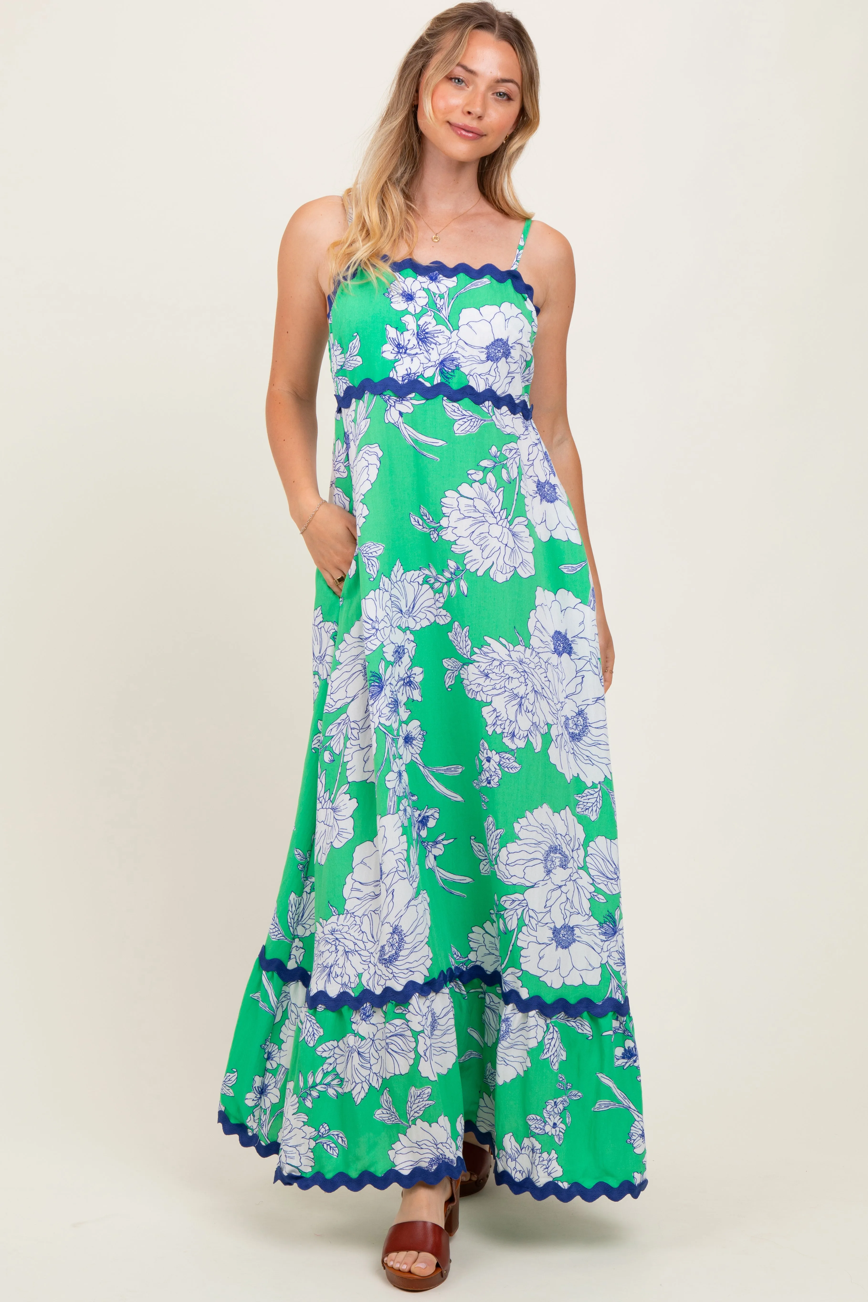 Mint Green Floral Wavy Trim Maxi Dress sold by Pinkblush
