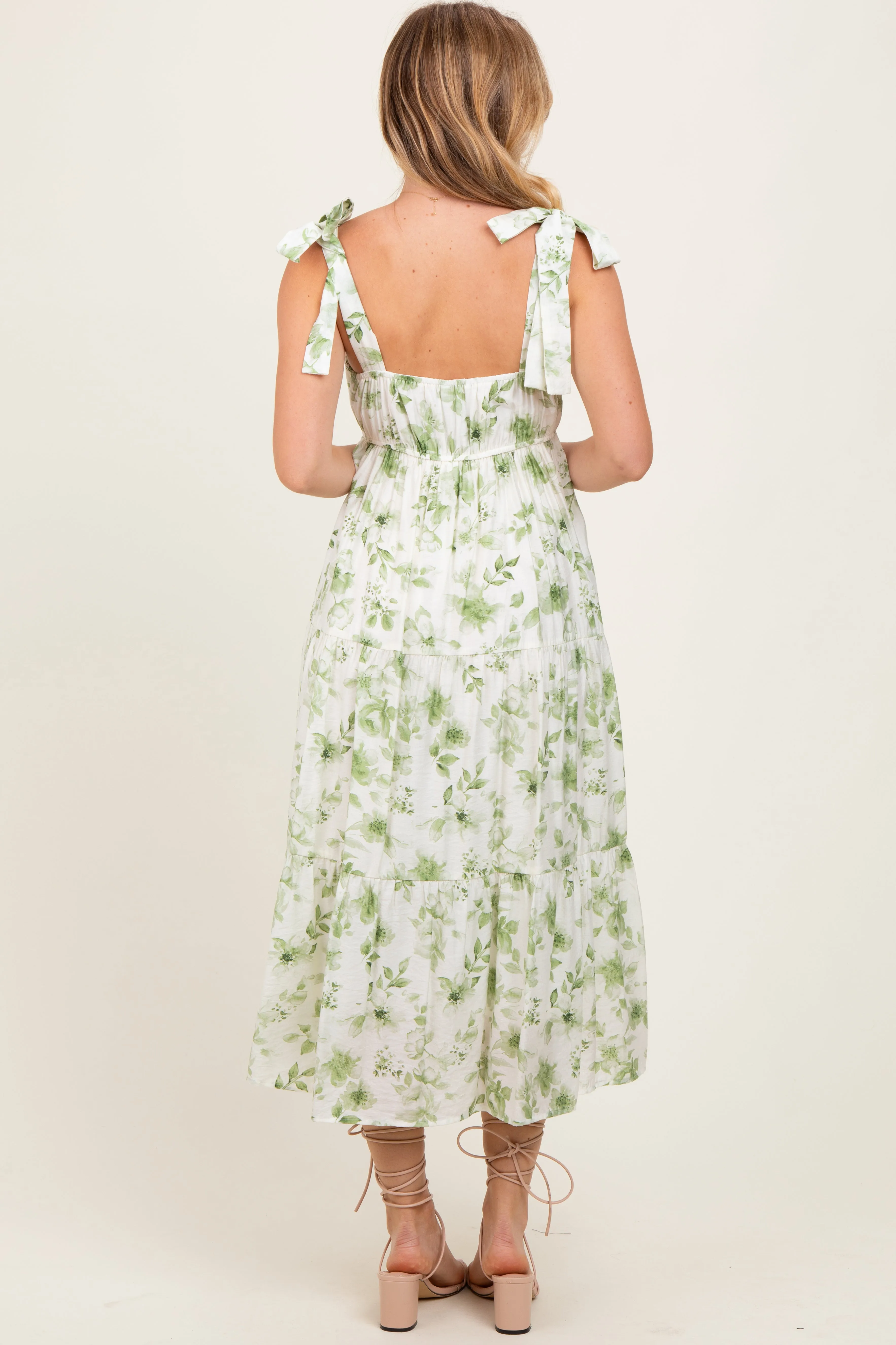 Olive Floral Shoulder Tie Tiered Midi Dress sold by Pinkblush product image thumbnail 4