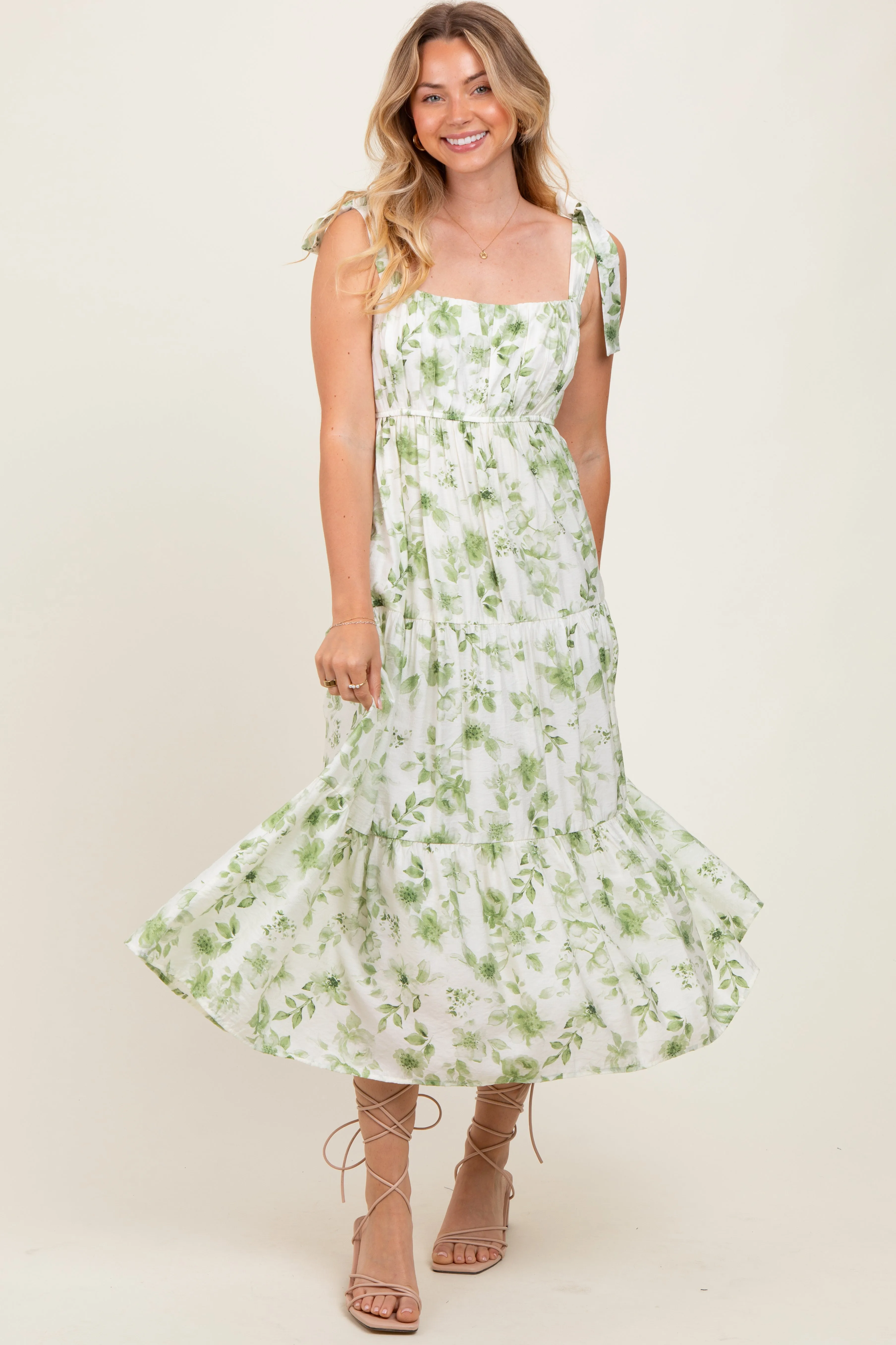 Olive Floral Shoulder Tie Tiered Midi Dress sold by Pinkblush