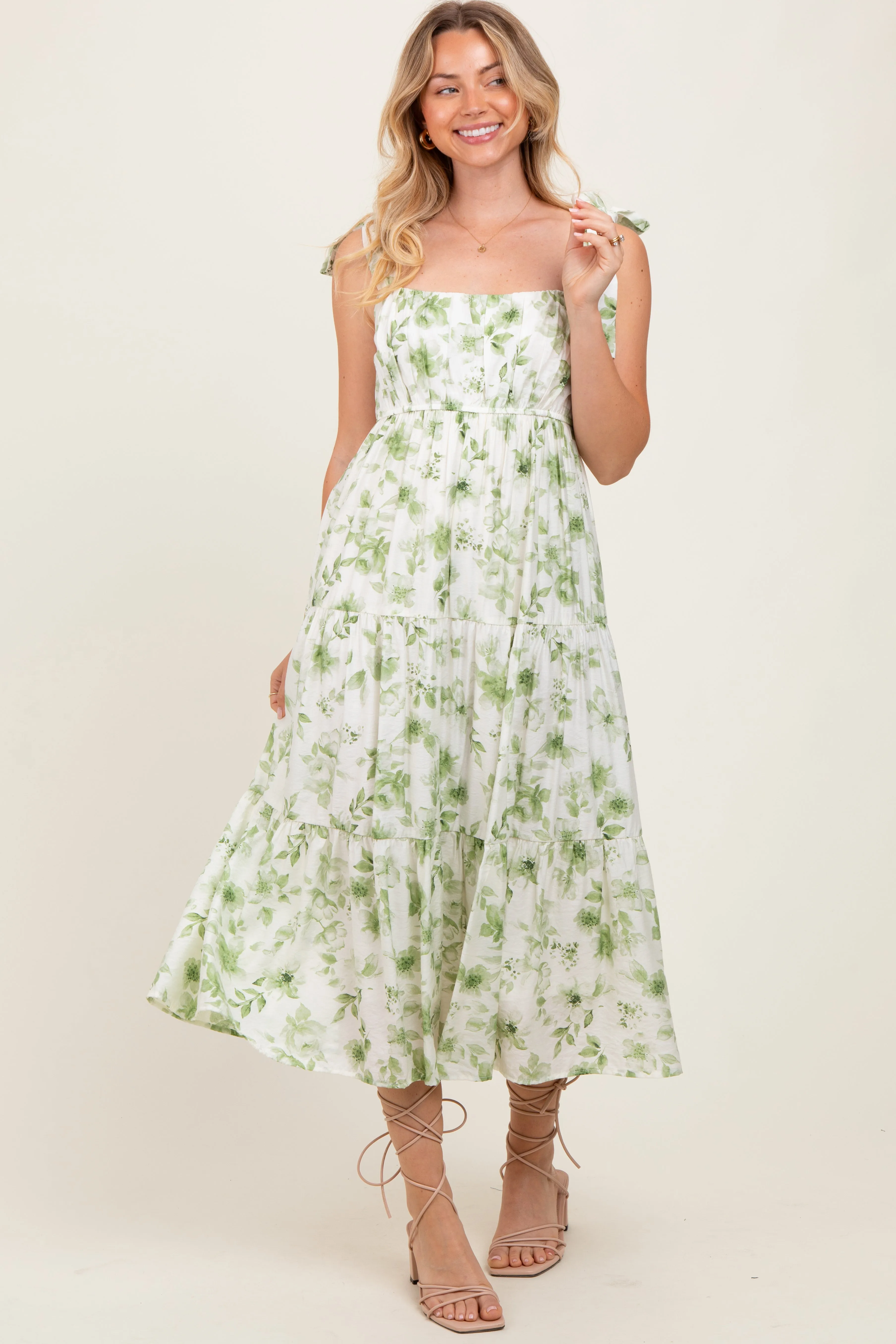 Olive Floral Shoulder Tie Tiered Midi Dress sold by Pinkblush product image thumbnail 2