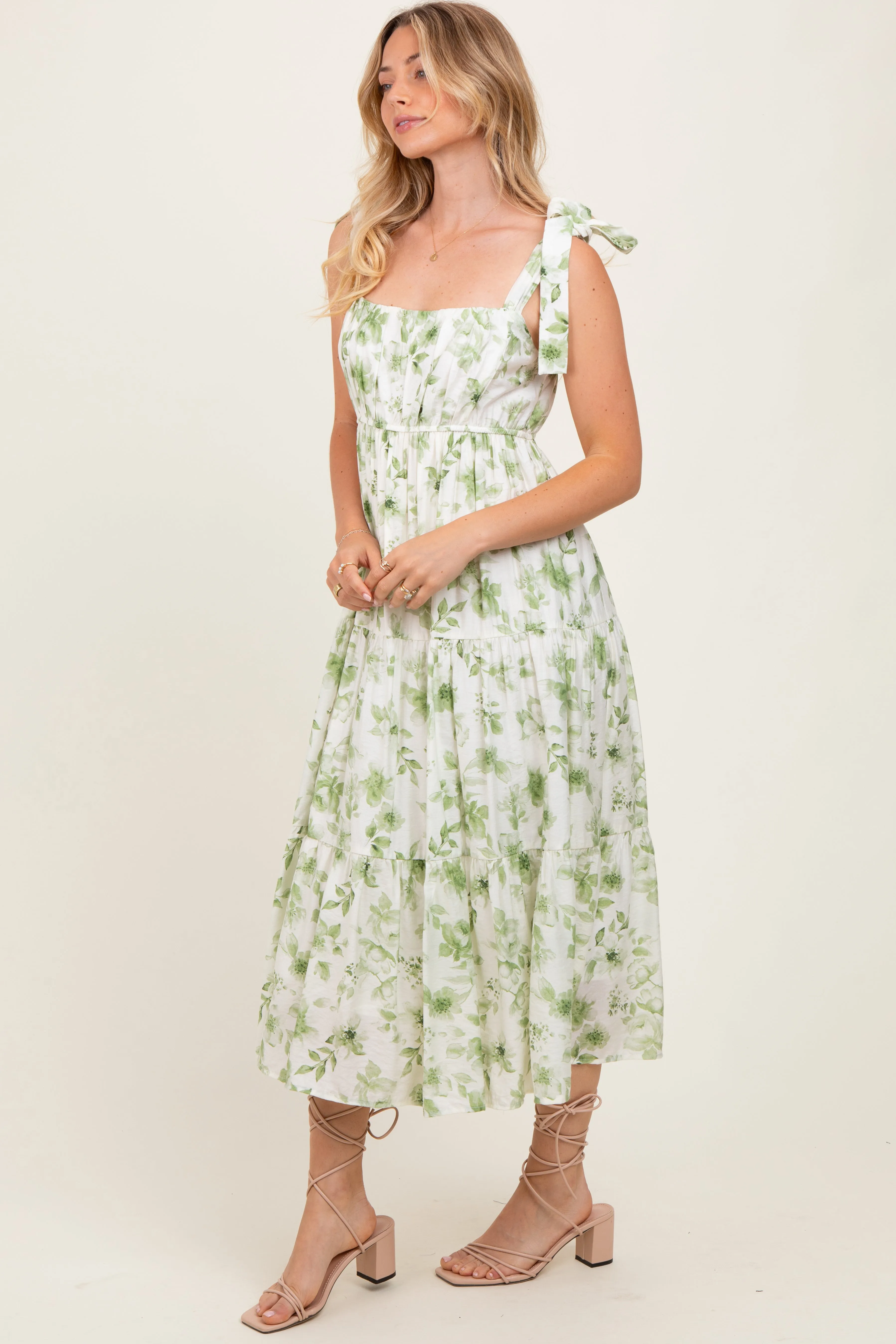 Olive Floral Shoulder Tie Tiered Midi Dress sold by Pinkblush product image thumbnail 3
