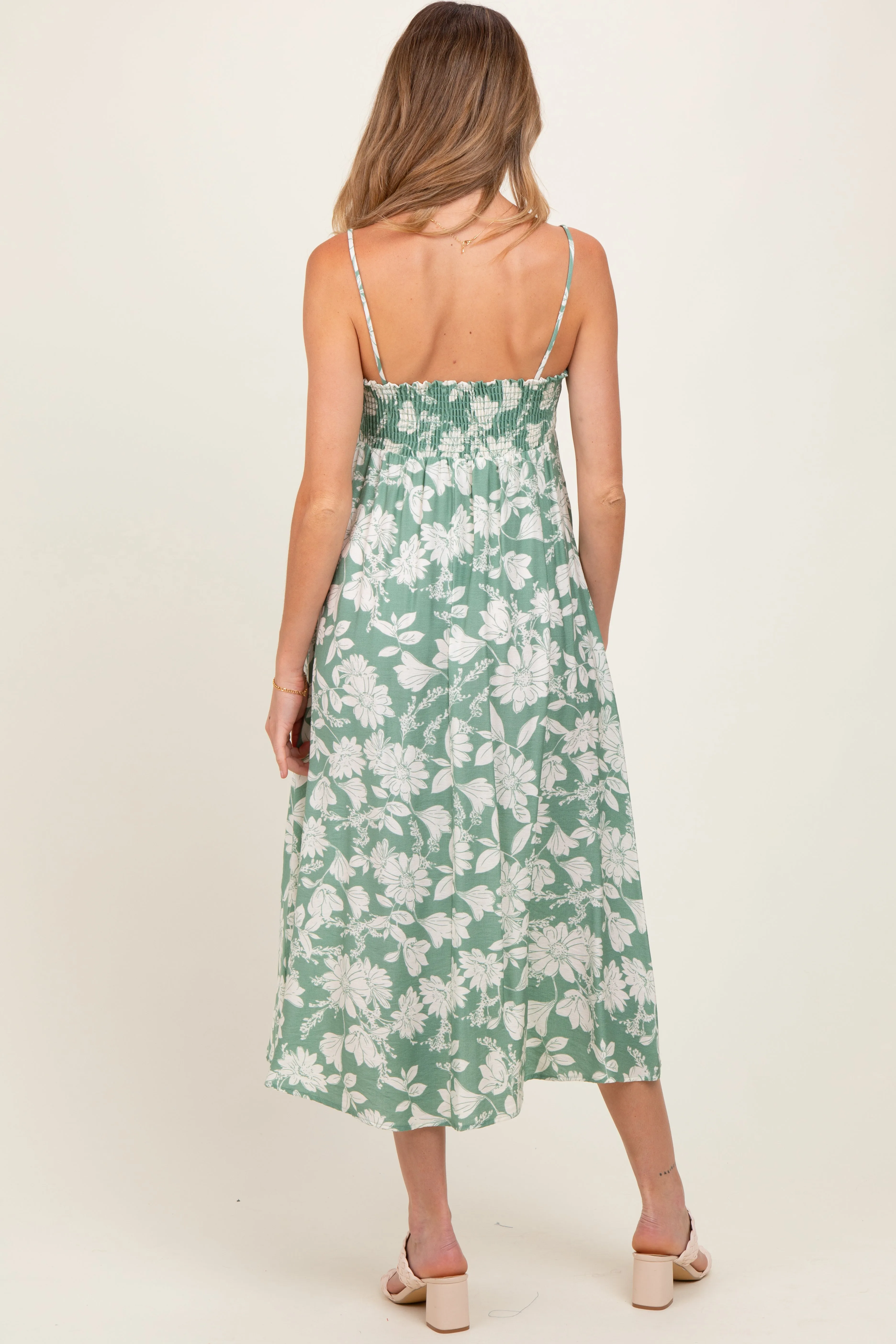 Light Olive Floral Sleeveless Maternity Midi Dress sold by Pinkblush product image thumbnail 3