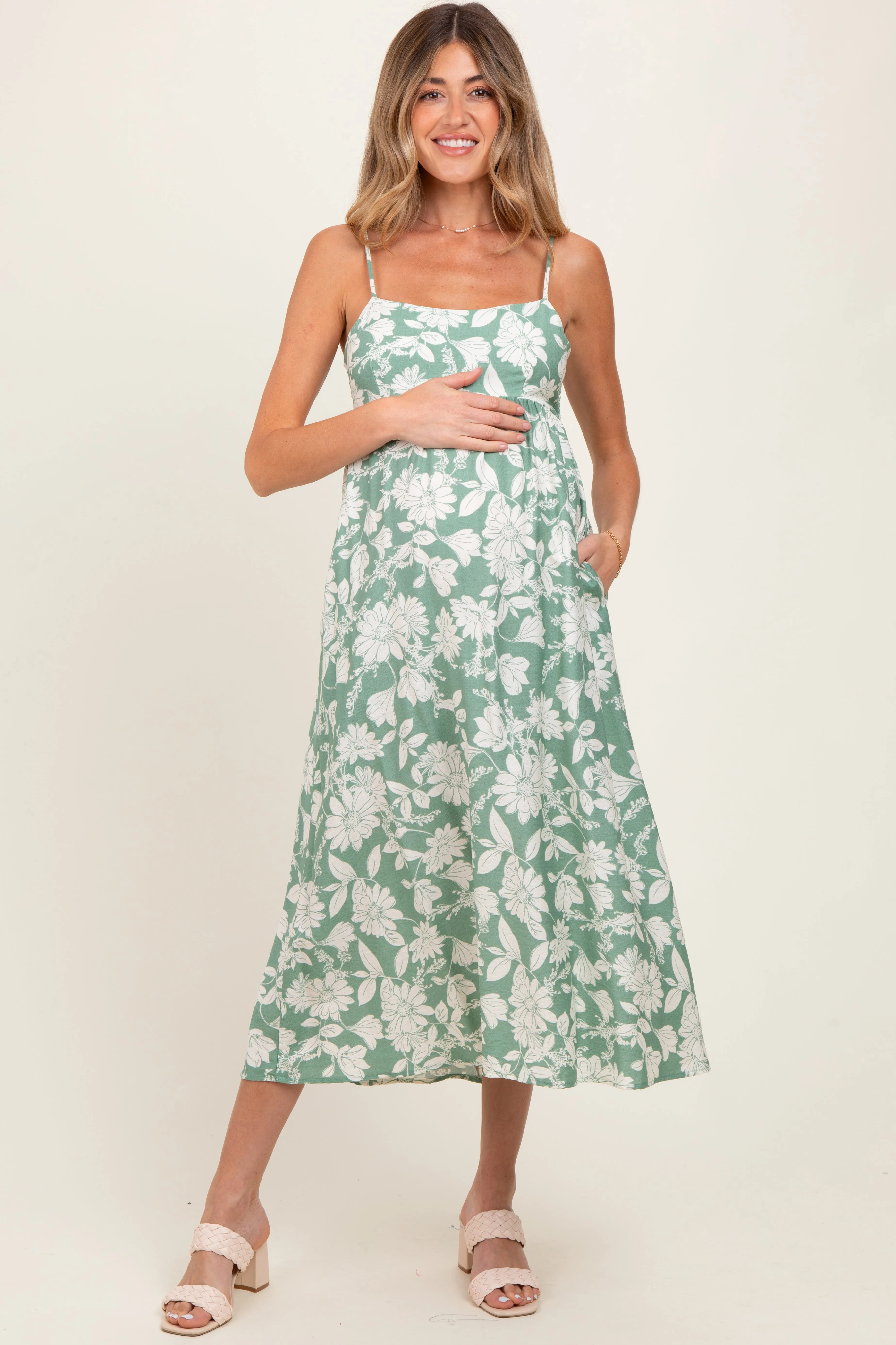 Light Olive Floral Sleeveless Maternity Midi Dress sold by Pinkblush