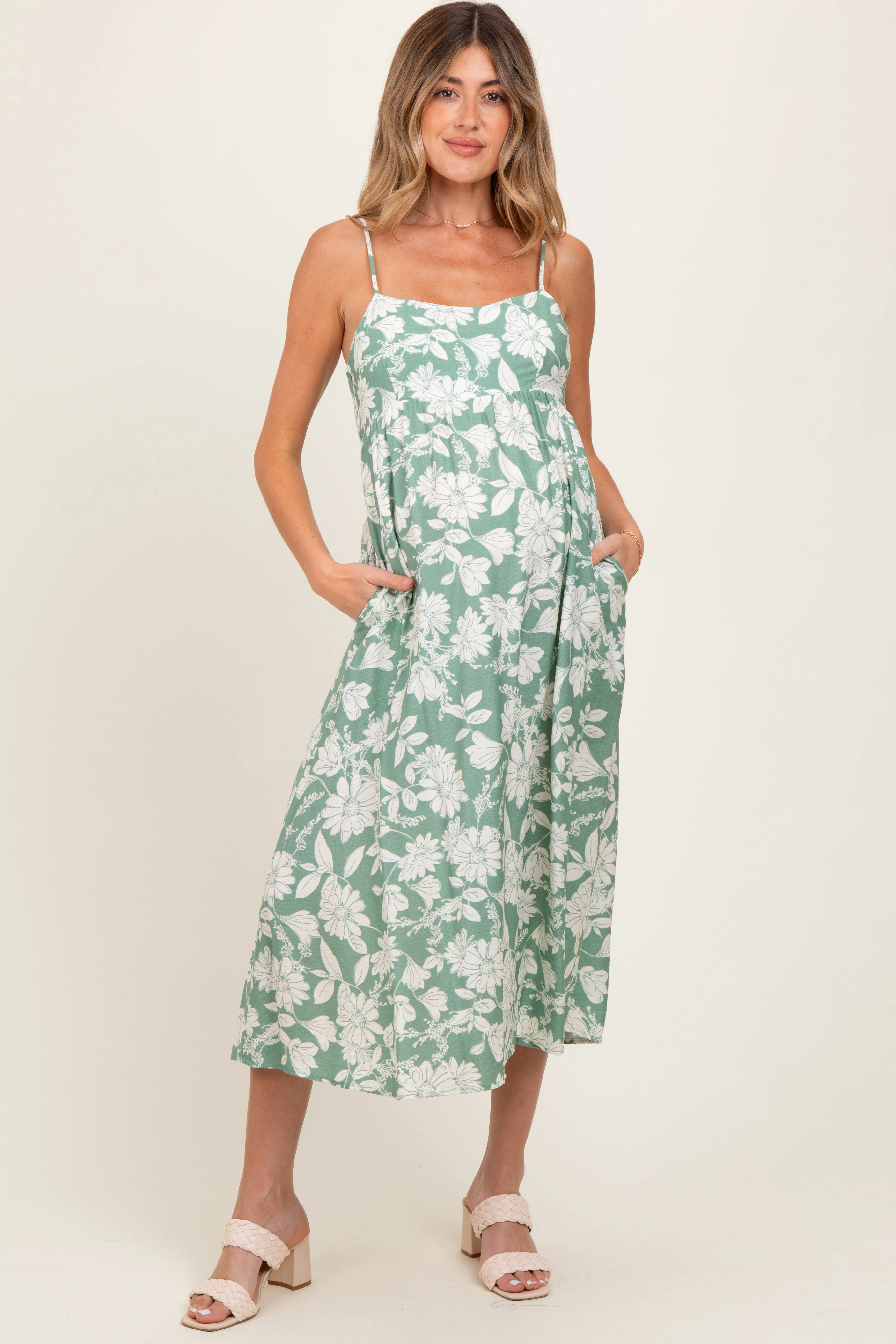 Light Olive Floral Sleeveless Maternity Midi Dress sold by Pinkblush product image thumbnail 2