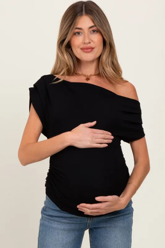 Black Asymmetrical Neck Line Ruched Knit Maternity Top sold by Pinkblush
