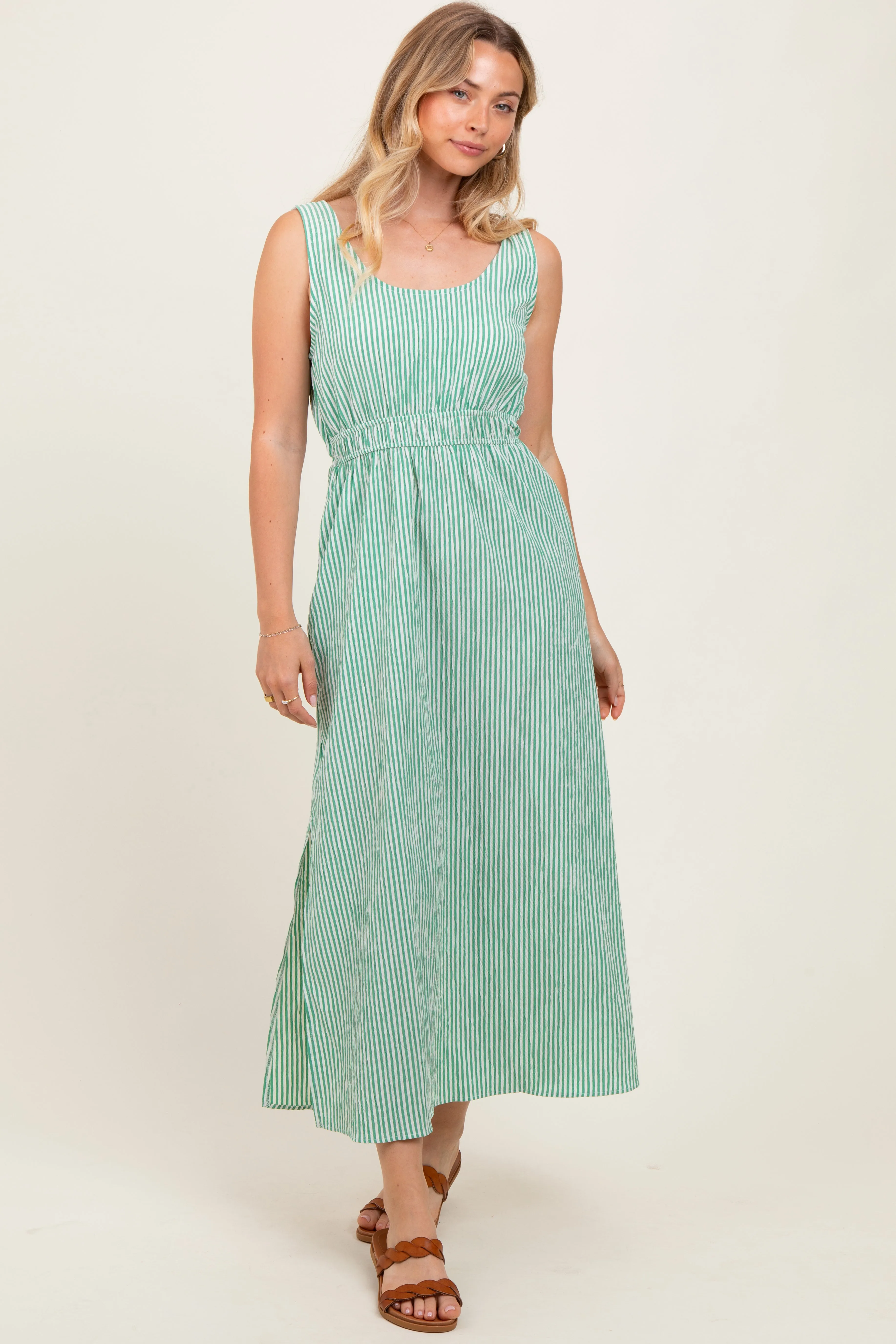 Green Striped Sleeveless Cutout Side Slit Maxi Dress sold by Pinkblush