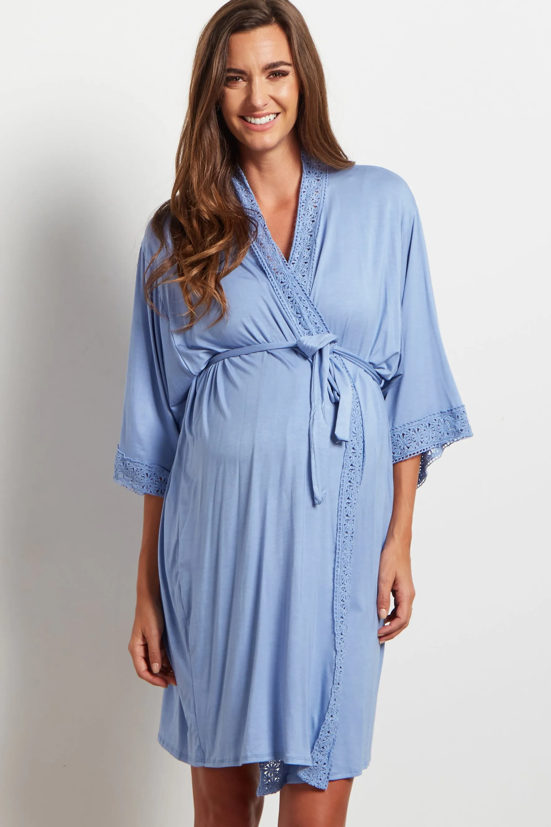 PinkBlush Blue Crochet Trim Delivery/Nursing Maternity Robe sold by Pinkblush