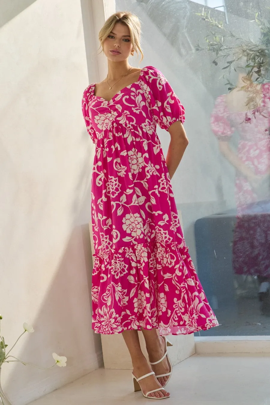 Fuchsia Floral Sweetheart Neckline Midi Dress sold by Pinkblush product image thumbnail 2
