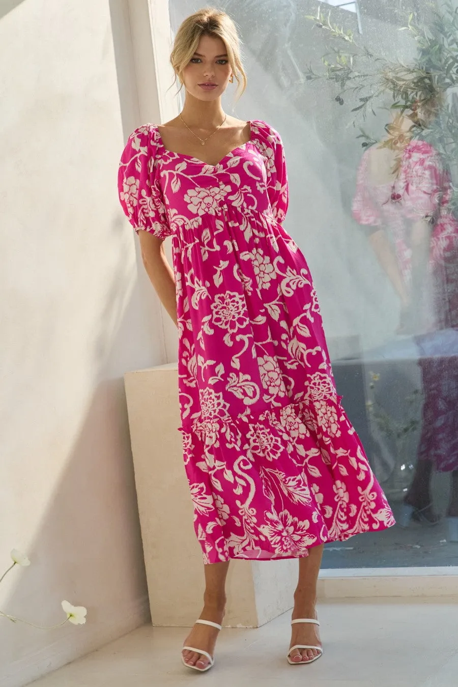 Fuchsia Floral Sweetheart Neckline Midi Dress sold by Pinkblush