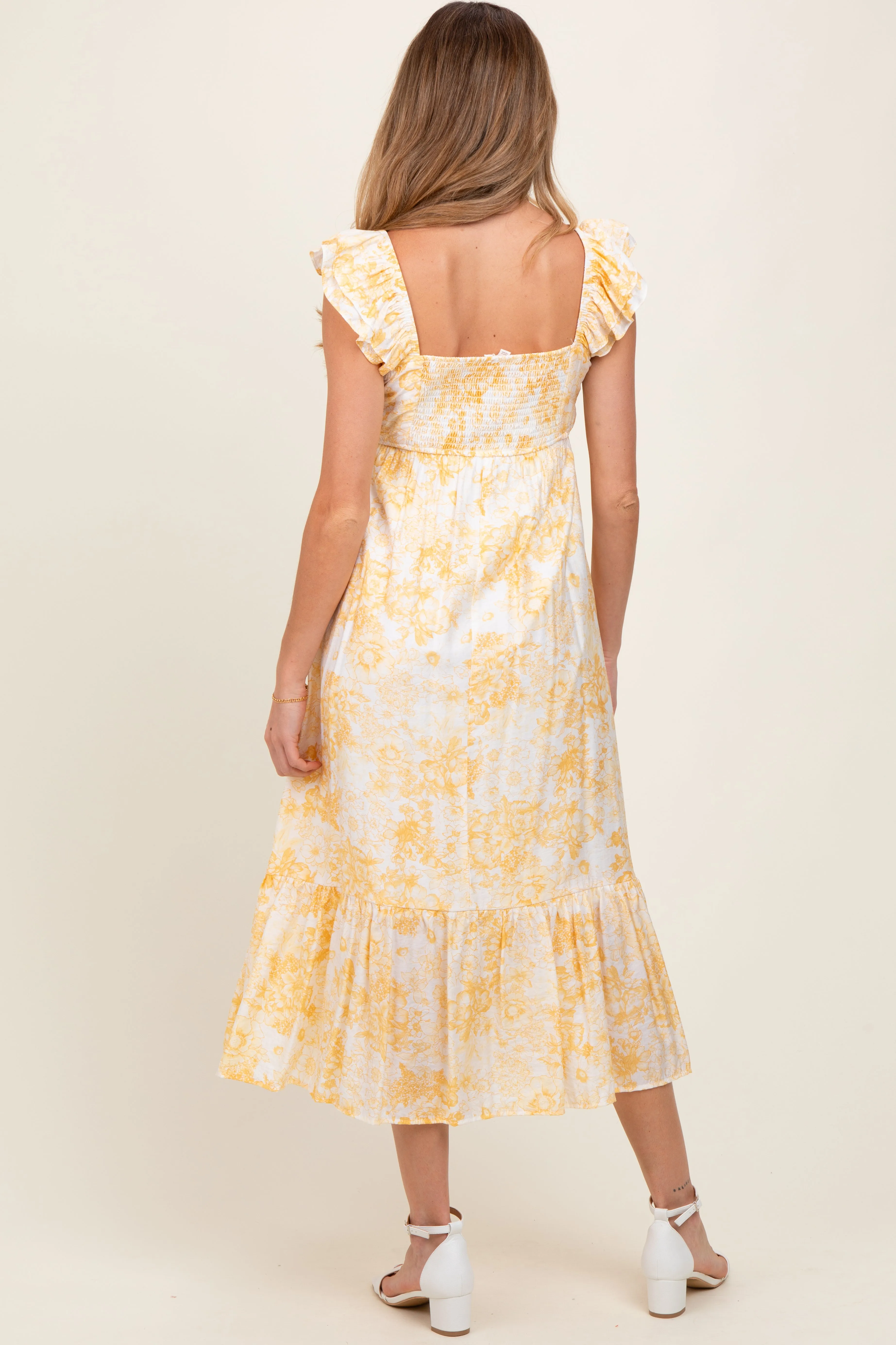 Yellow Floral Ruffle Strap Pleated Bodice Maternity Midi Dress sold by Pinkblush product image thumbnail 3