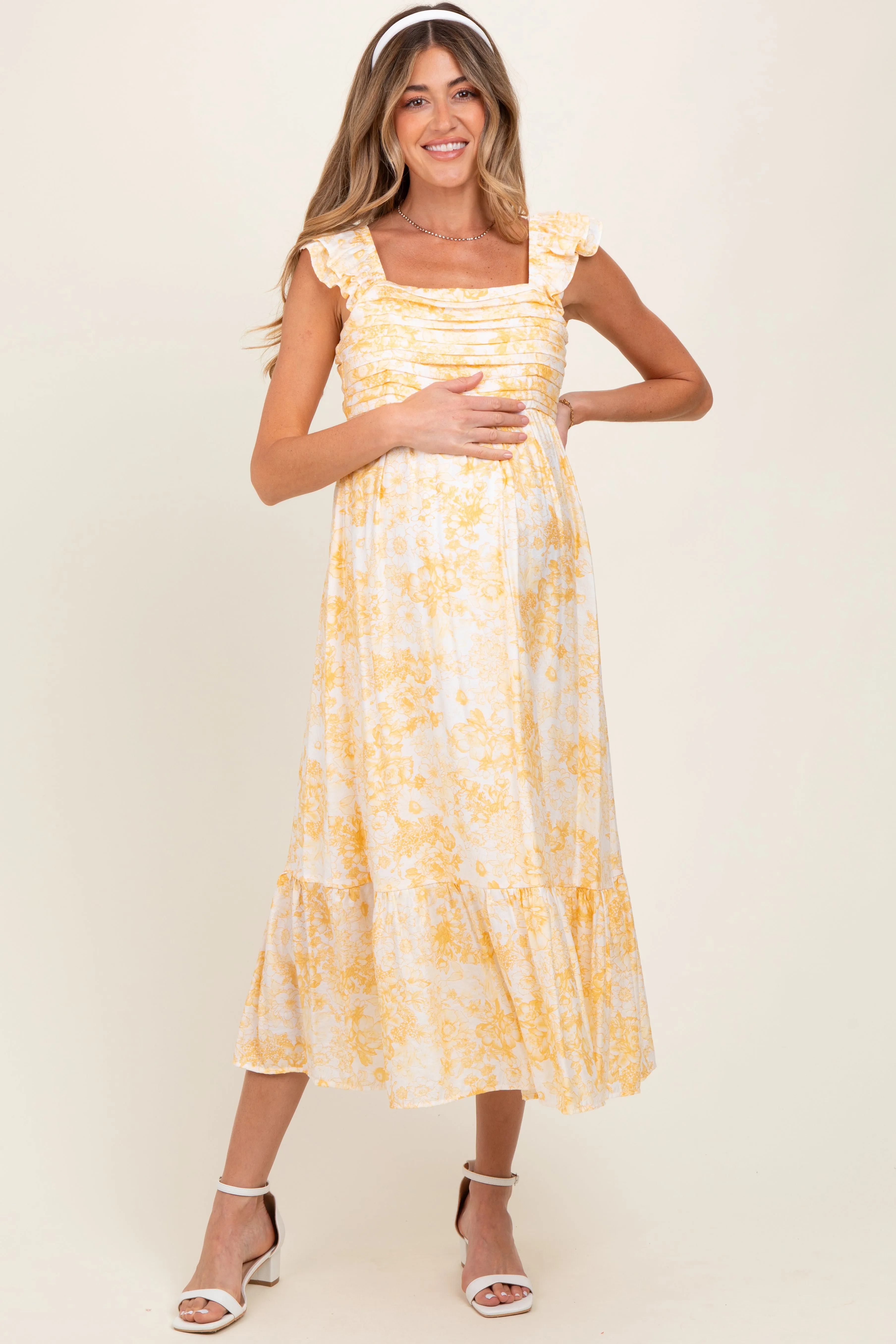 Yellow Floral Ruffle Strap Pleated Bodice Maternity Midi Dress sold by Pinkblush