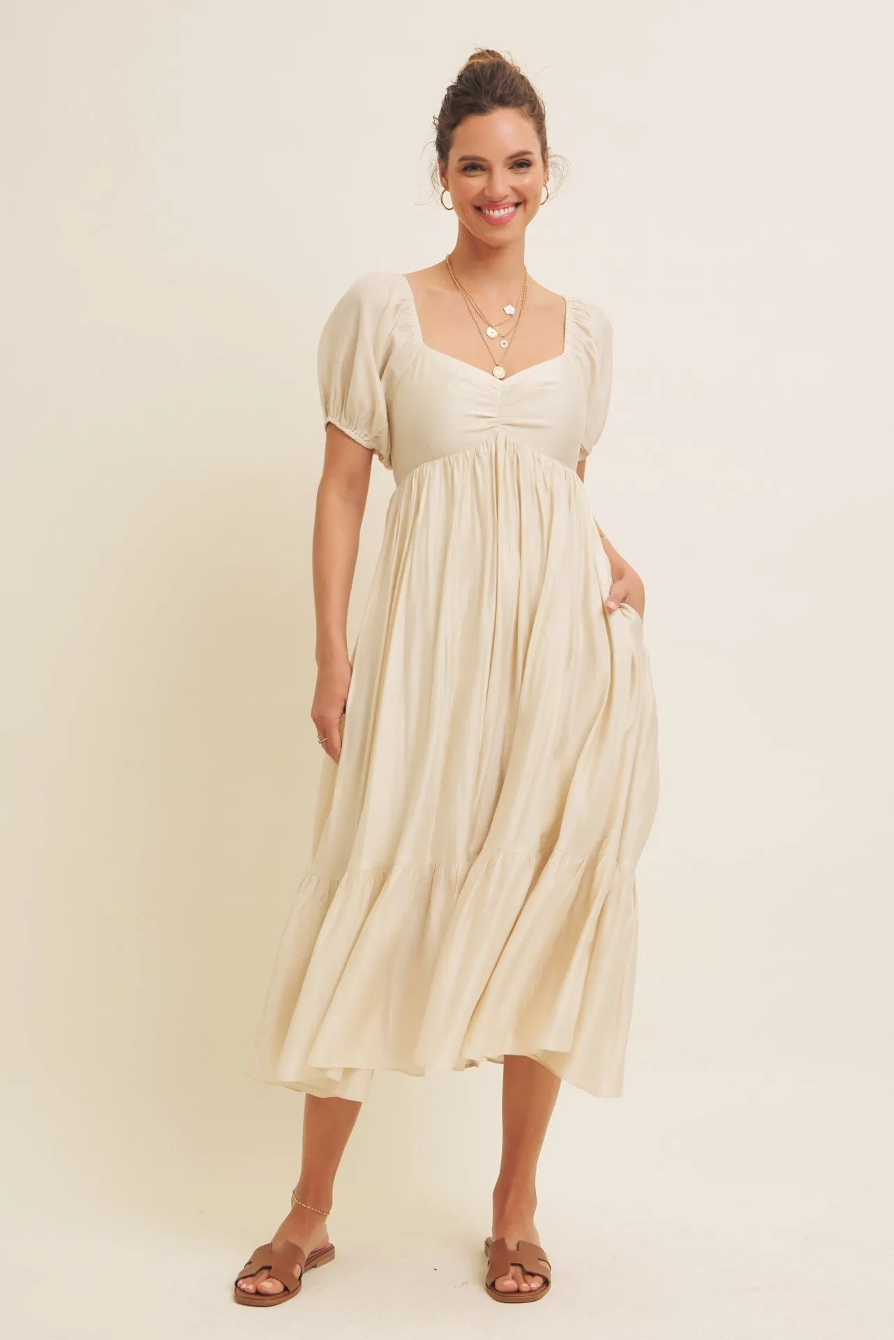 Cream Ruched Sweetheart Neck Tiered Maternity Midi Dress sold by Pinkblush product image thumbnail 5