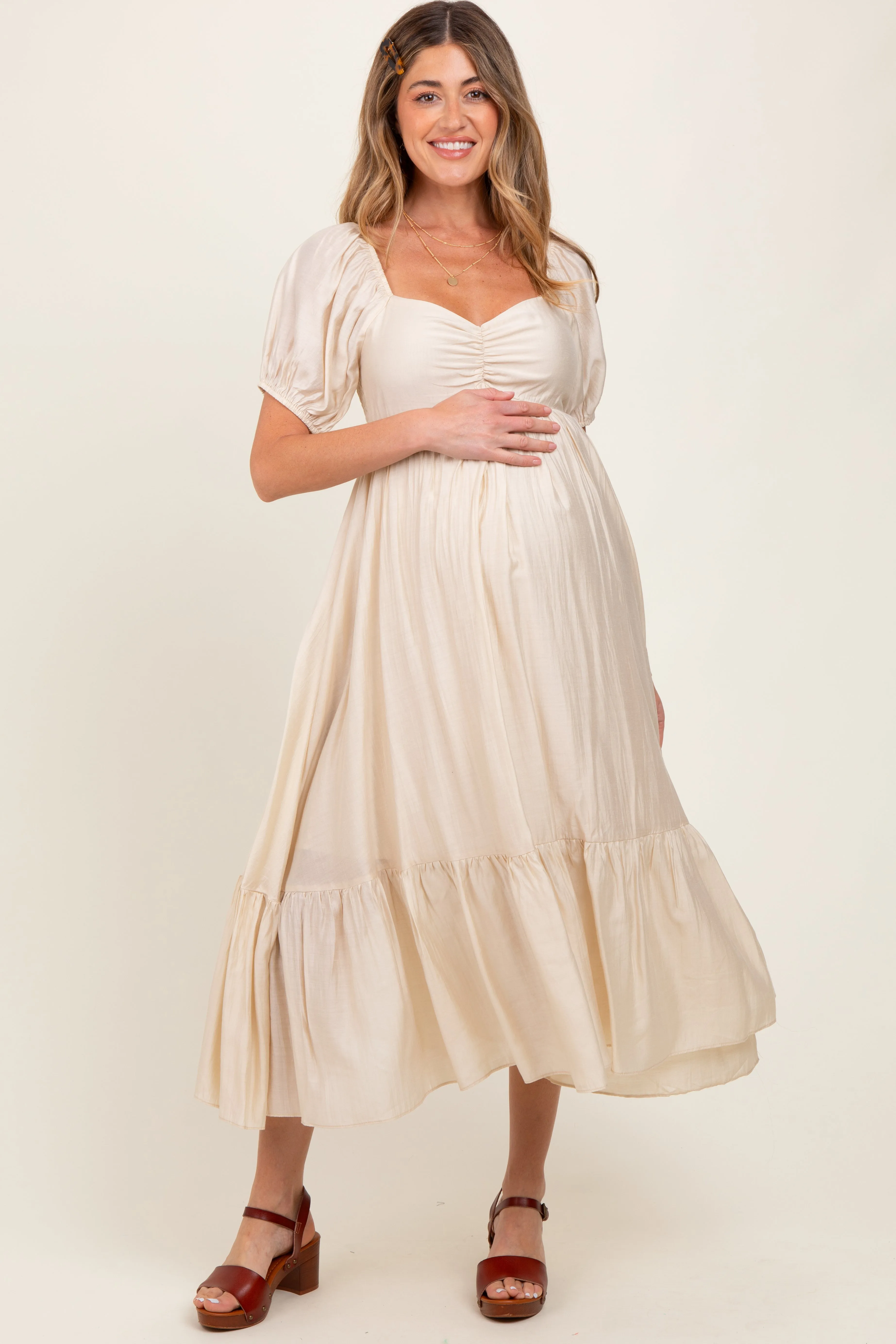 Cream Ruched Sweetheart Neck Tiered Maternity Midi Dress sold by Pinkblush product image thumbnail 2