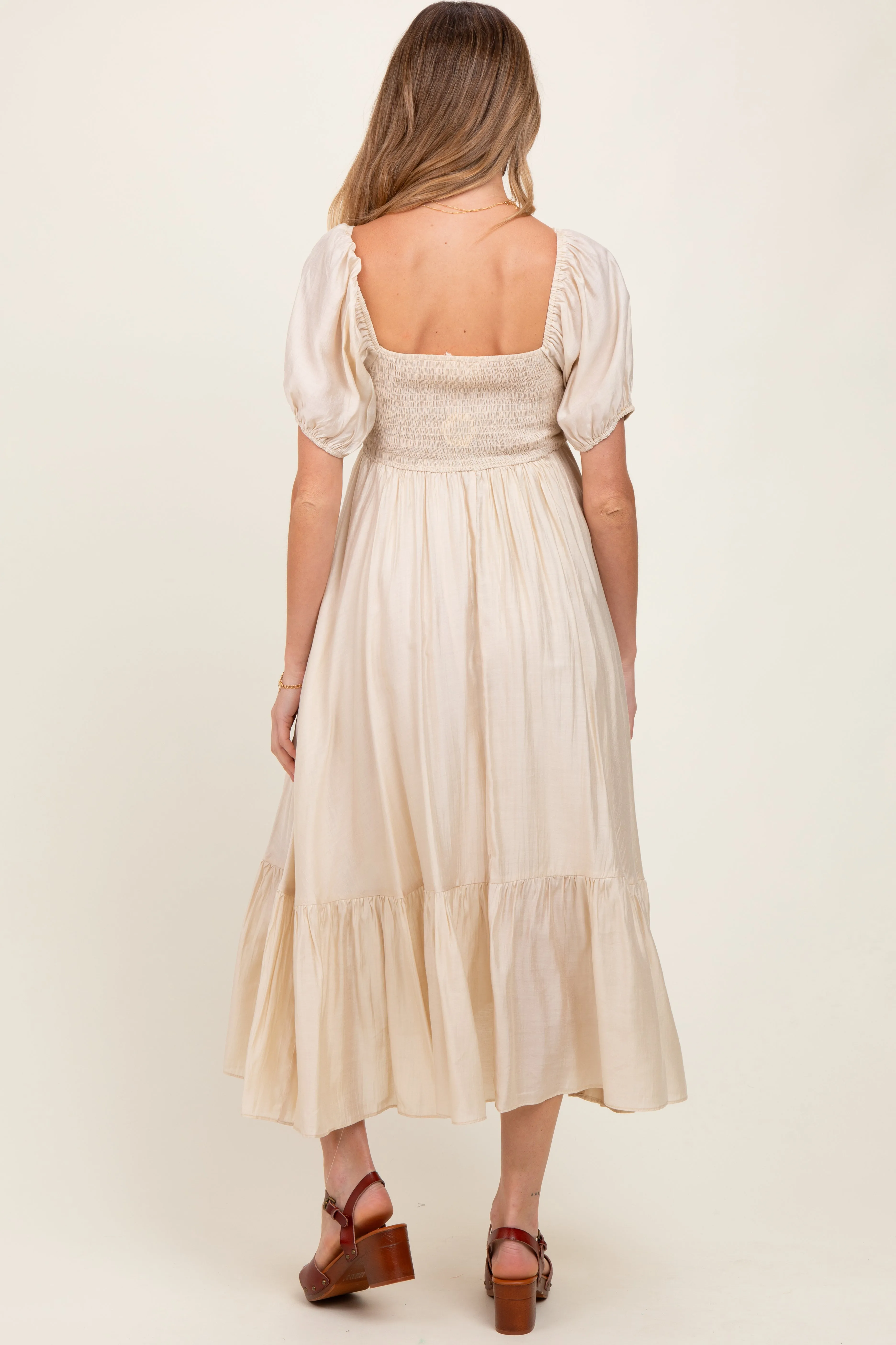 Cream Ruched Sweetheart Neck Tiered Maternity Midi Dress sold by Pinkblush product image thumbnail 4
