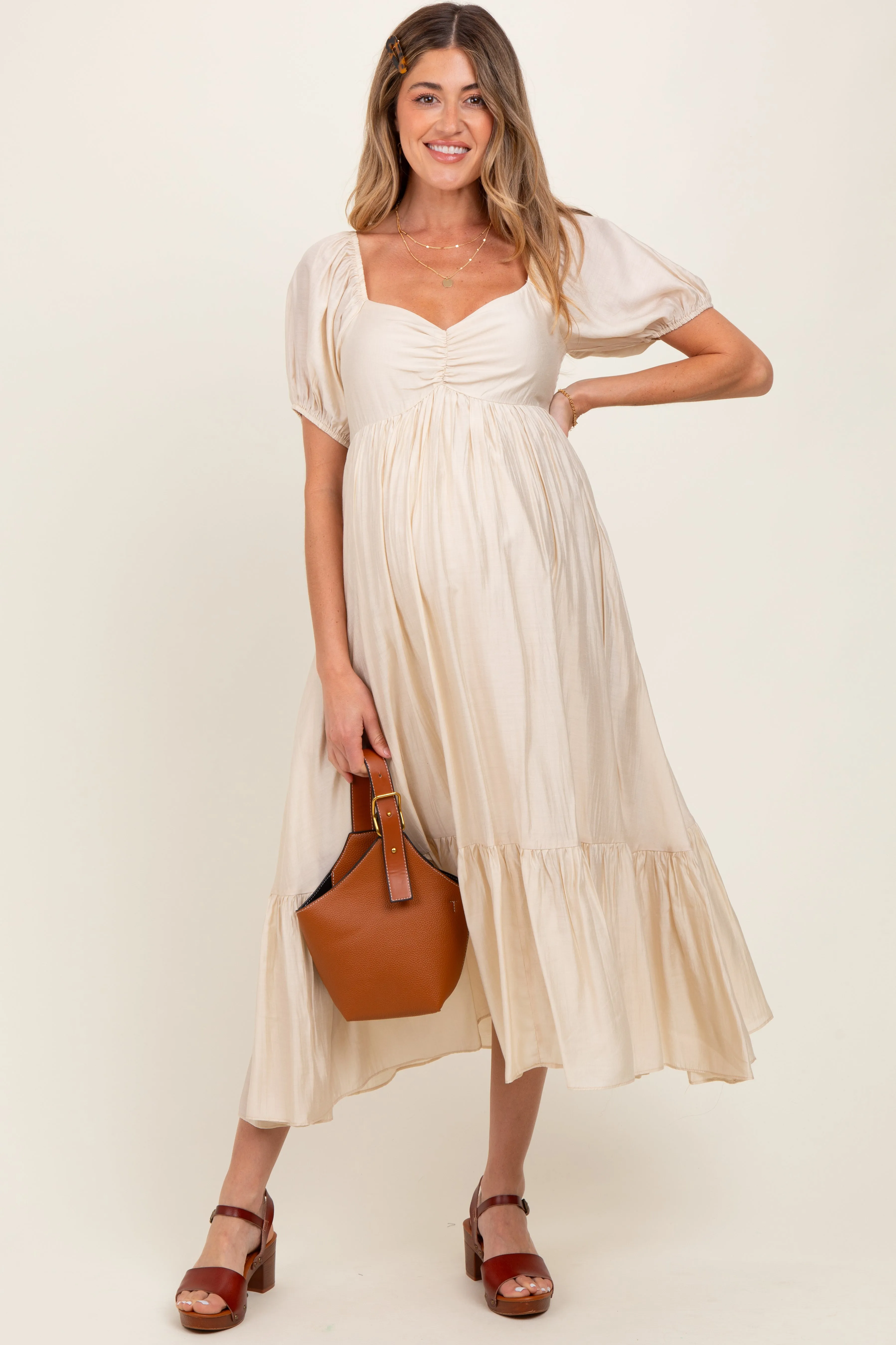 Cream Ruched Sweetheart Neck Tiered Maternity Midi Dress sold by Pinkblush