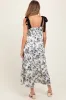 Cream/Black Floral Print Shoulder Bow Tie Maternity Midi Dress sold by Pinkblush