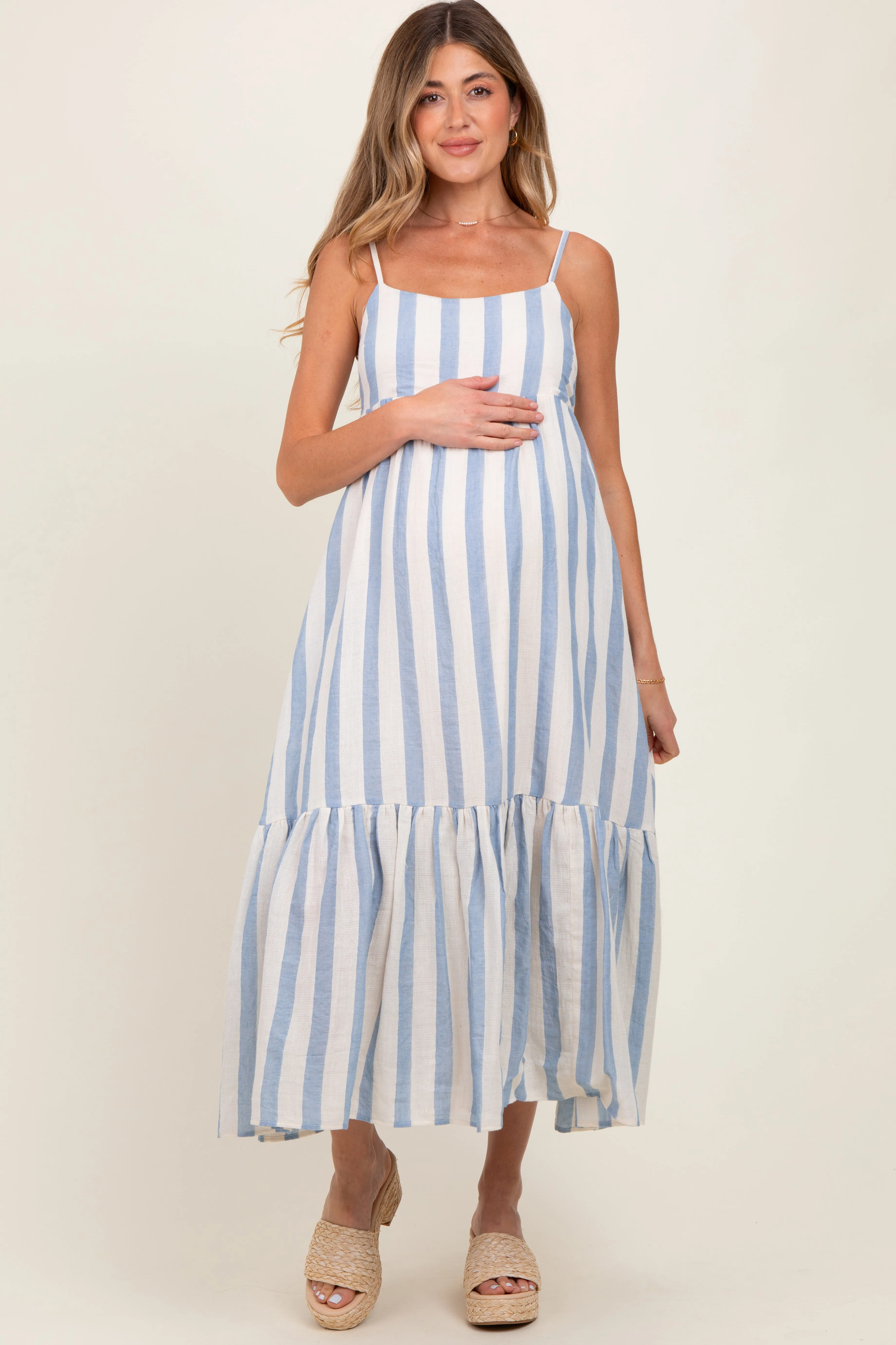 Blue Wide Stripe Linen Blend Sleeveless Maternity Maxi Dress sold by Pinkblush