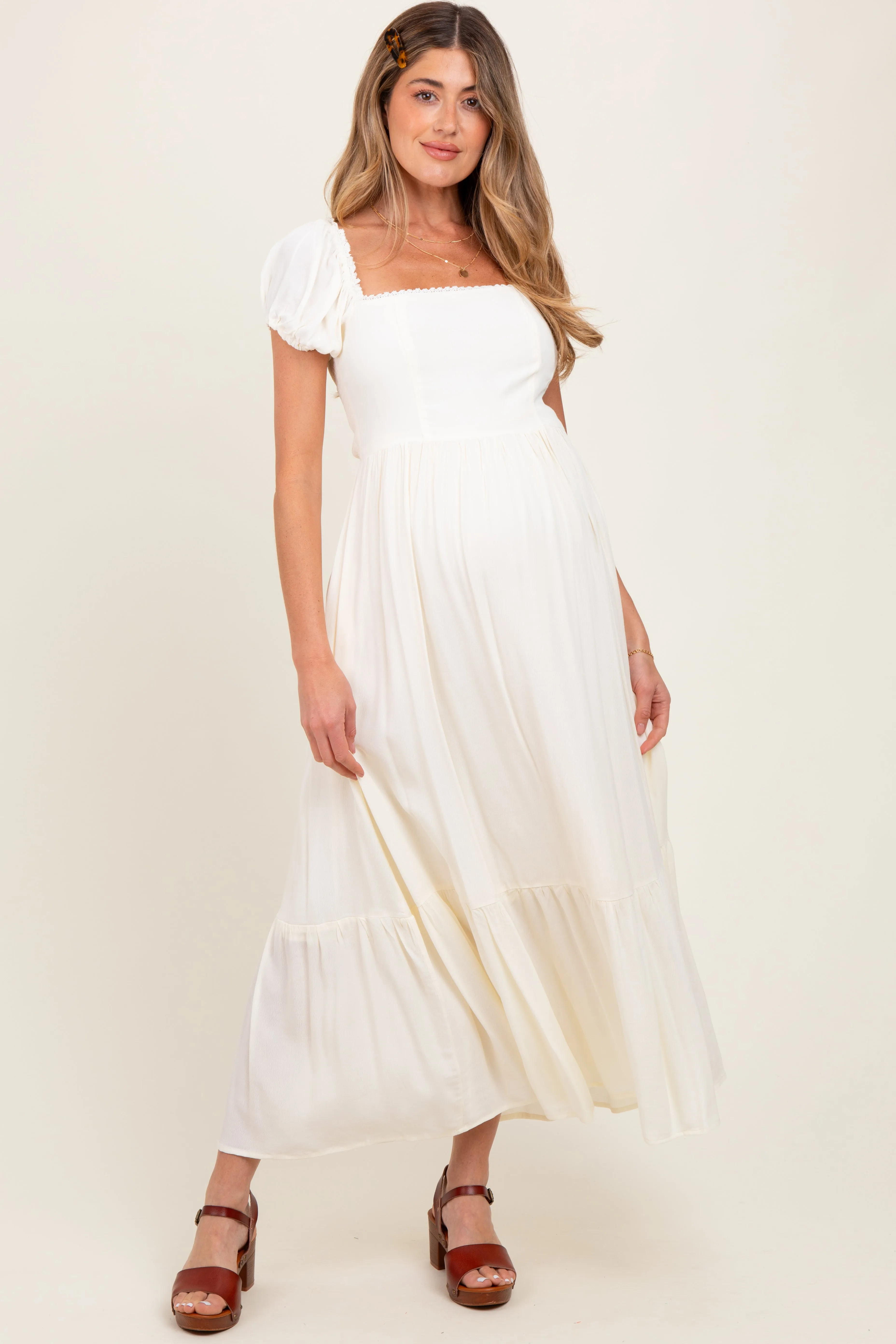 Ivory Ruffle Detail Square Neck Maternity Maxi Dress sold by Pinkblush
