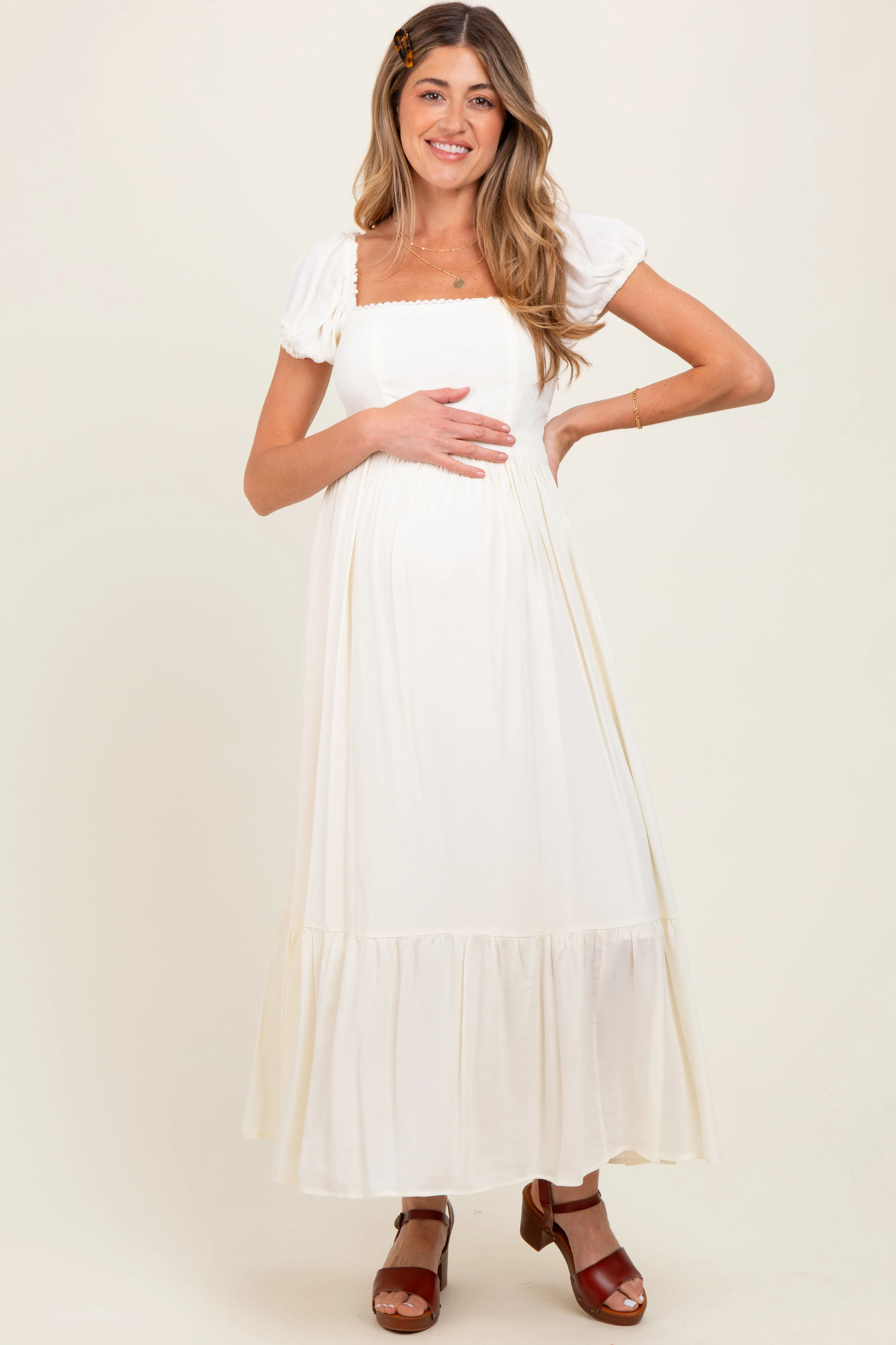 Ivory Ruffle Detail Square Neck Maternity Maxi Dress sold by Pinkblush product image thumbnail 2