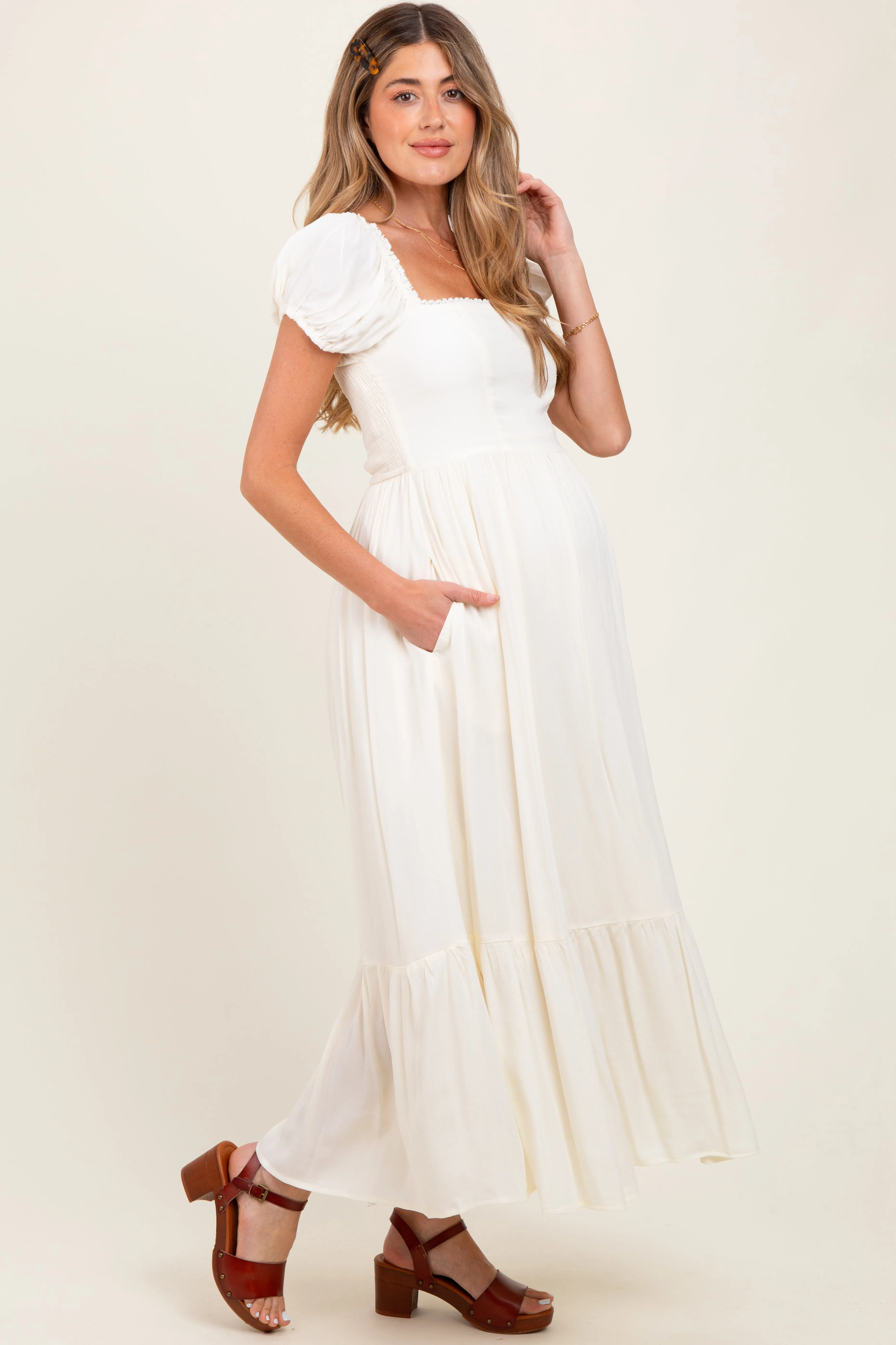 Ivory Ruffle Detail Square Neck Maternity Maxi Dress sold by Pinkblush product image thumbnail 3