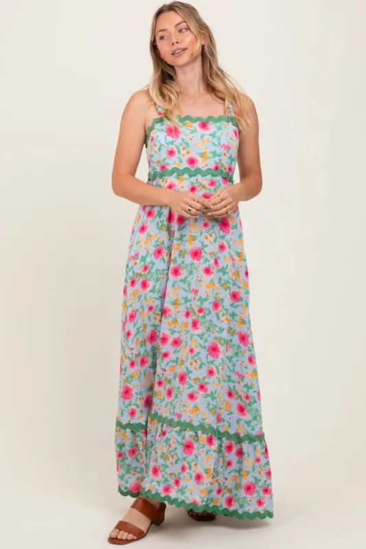 Blue Floral Contrast Wavy Trim Maxi Dress sold by Pinkblush
