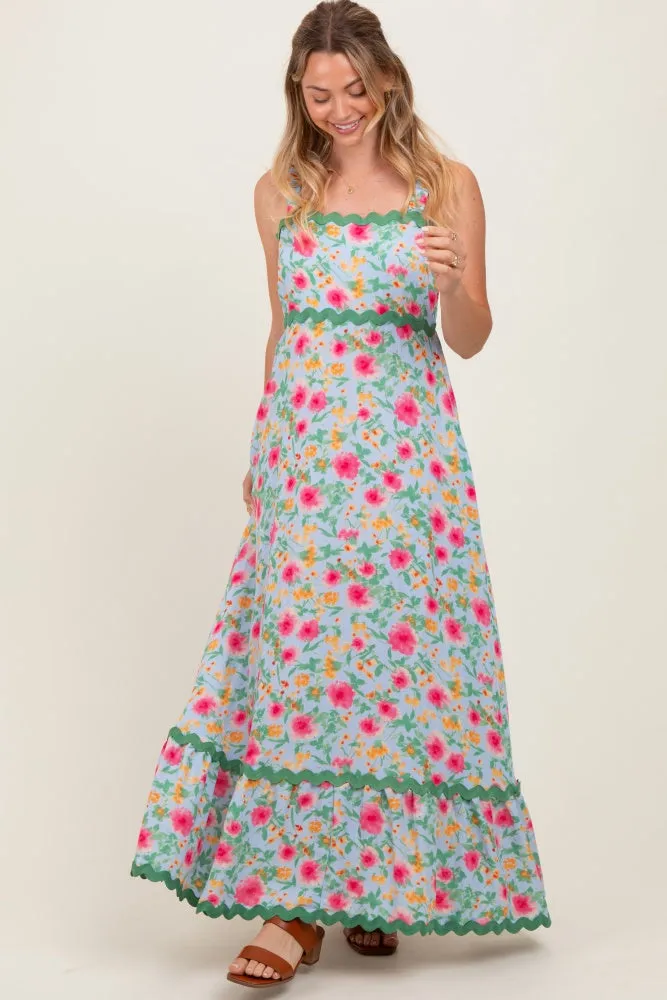 Blue Floral Contrast Wavy Trim Maxi Dress sold by Pinkblush product image thumbnail 2