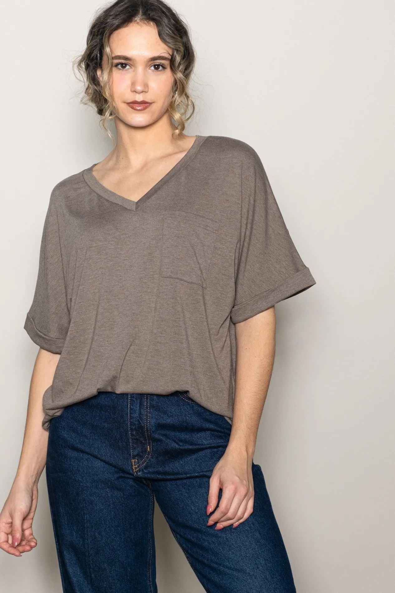 Mocha Oversized V-Neck Front Pocket T-Shirt sold by Pinkblush