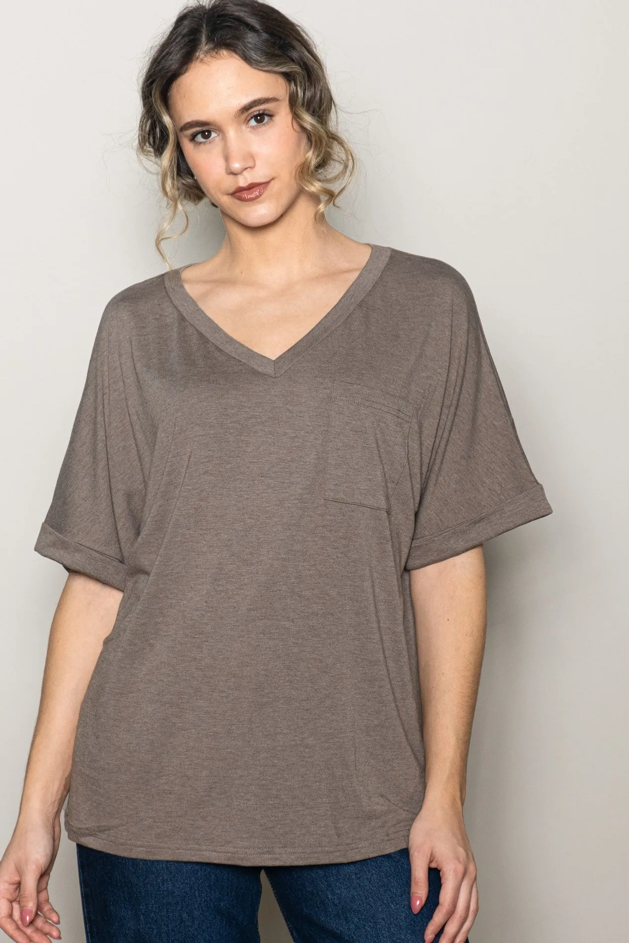 Mocha Oversized V-Neck Front Pocket T-Shirt sold by Pinkblush product image thumbnail 2