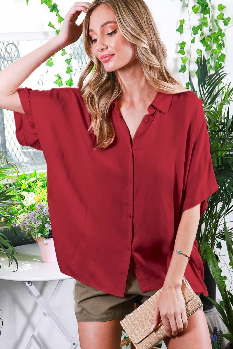 Burgundy Dolman Sleeve Button Down Blouse sold by Pinkblush