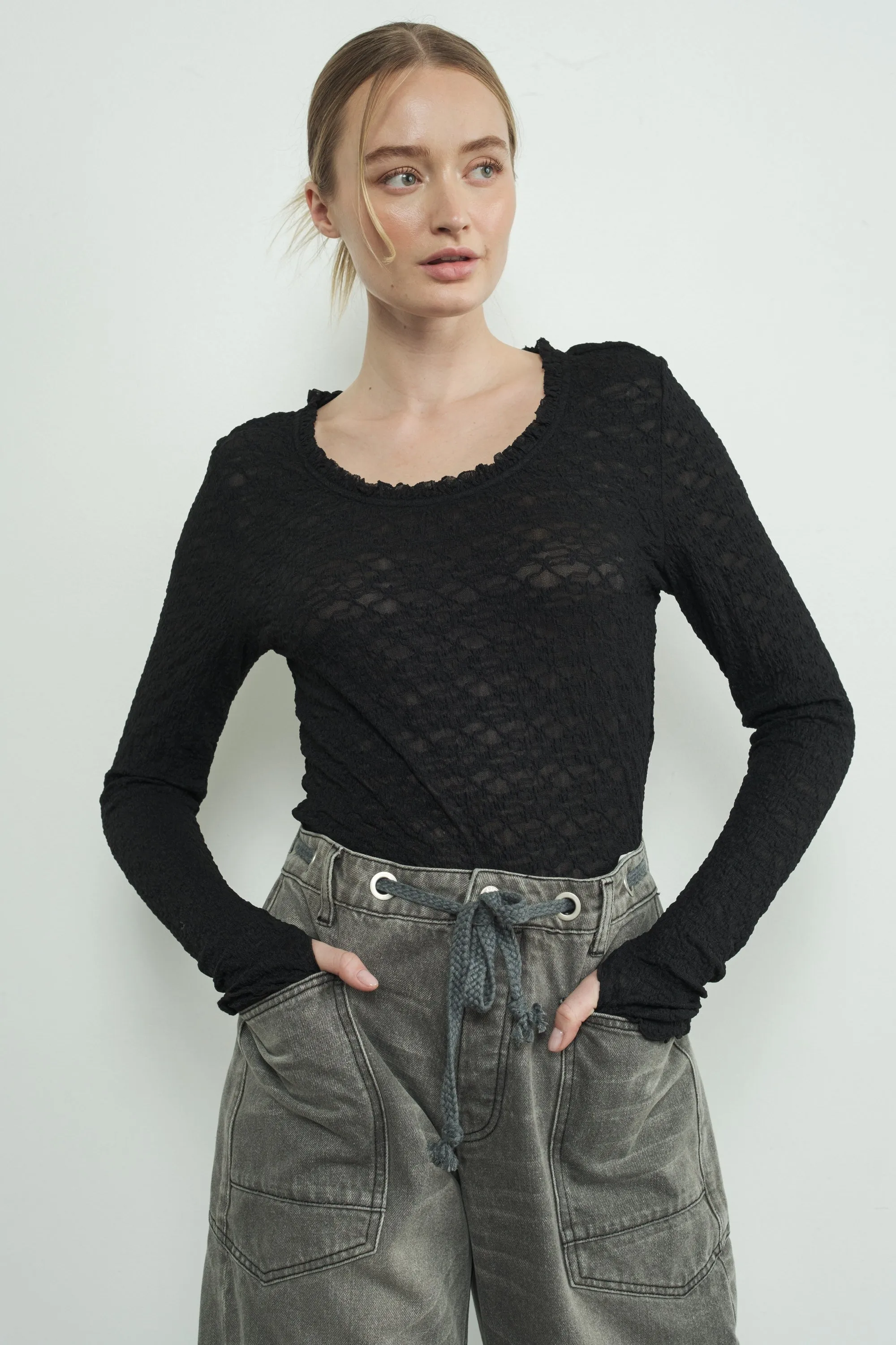 Black Lace Ruffle Neckline Long Sleeve Top sold by Pinkblush product image thumbnail 2