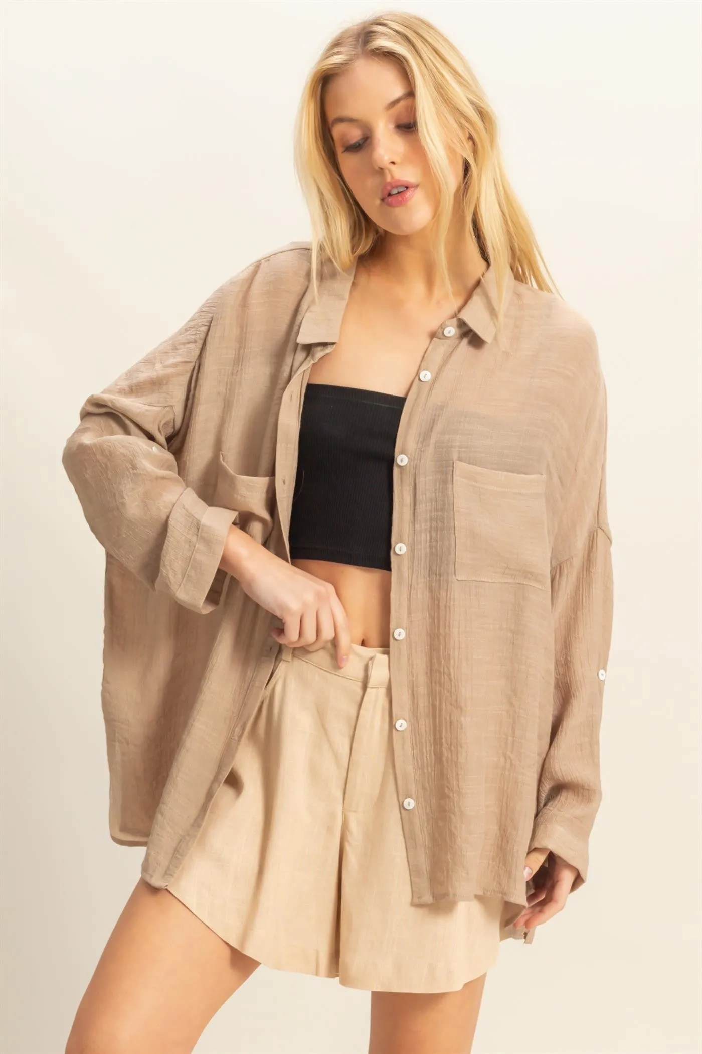 Taupe Roll Up Sleeve Button-Up Oversized Shirt sold by Pinkblush