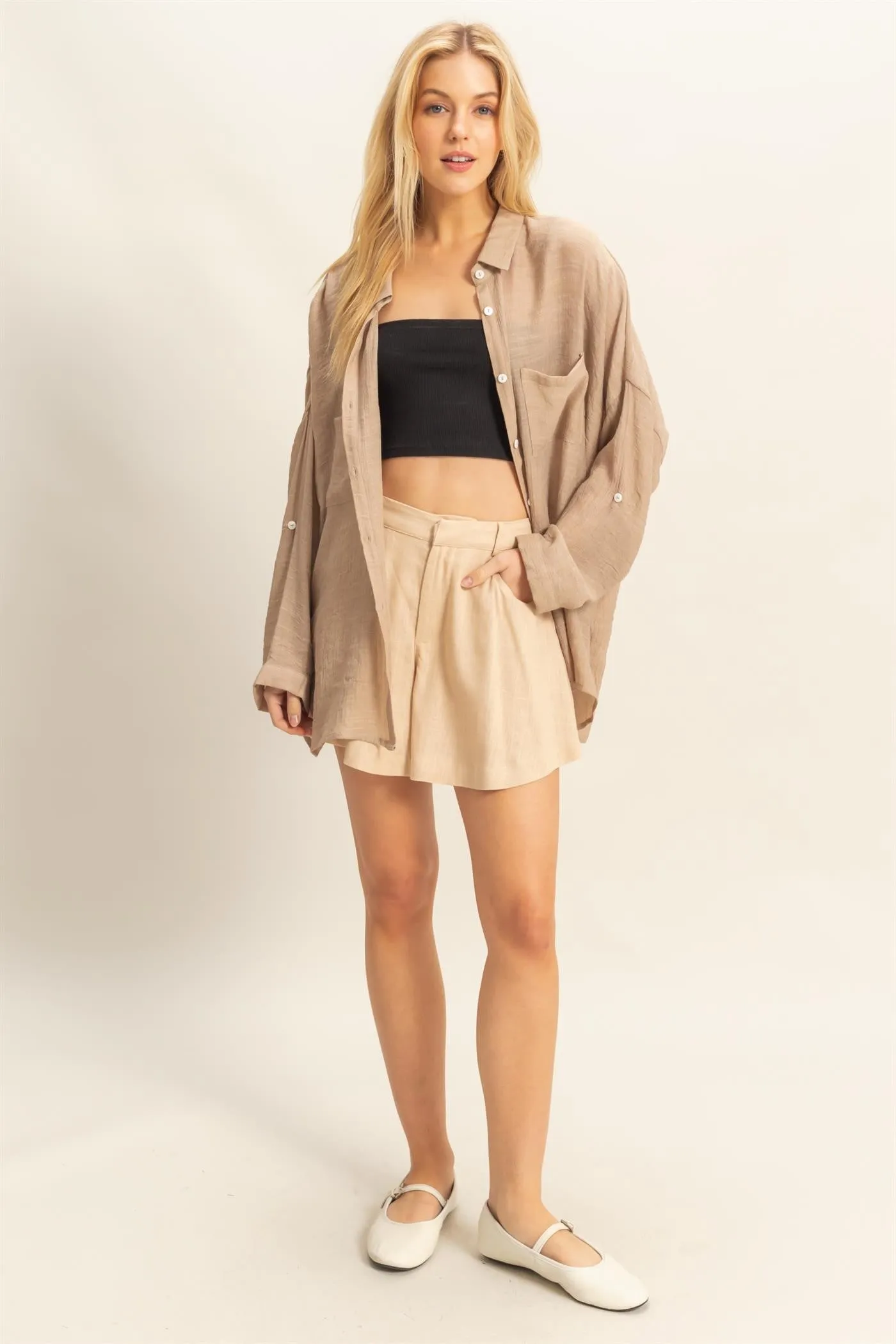 Taupe Roll Up Sleeve Button-Up Oversized Shirt sold by Pinkblush product image thumbnail 5