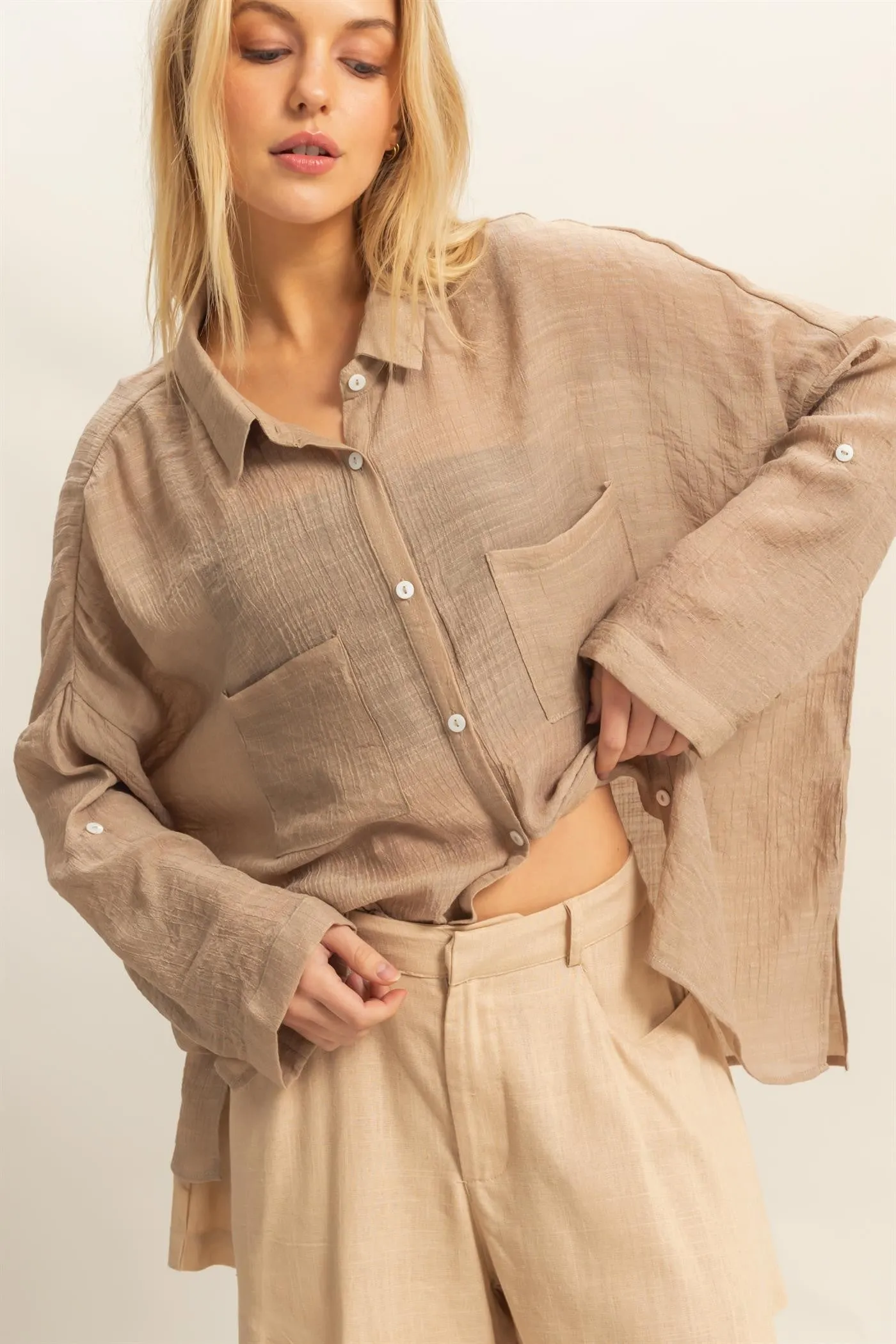 Taupe Roll Up Sleeve Button-Up Oversized Shirt sold by Pinkblush product image thumbnail 2