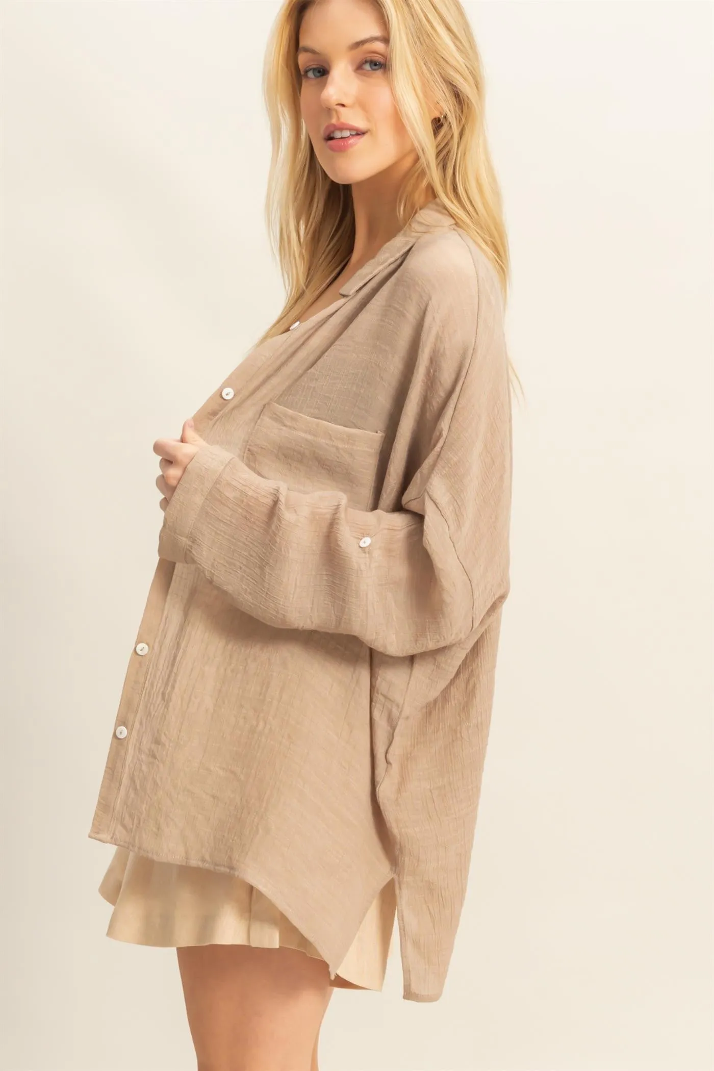 Taupe Roll Up Sleeve Button-Up Oversized Shirt sold by Pinkblush product image thumbnail 3