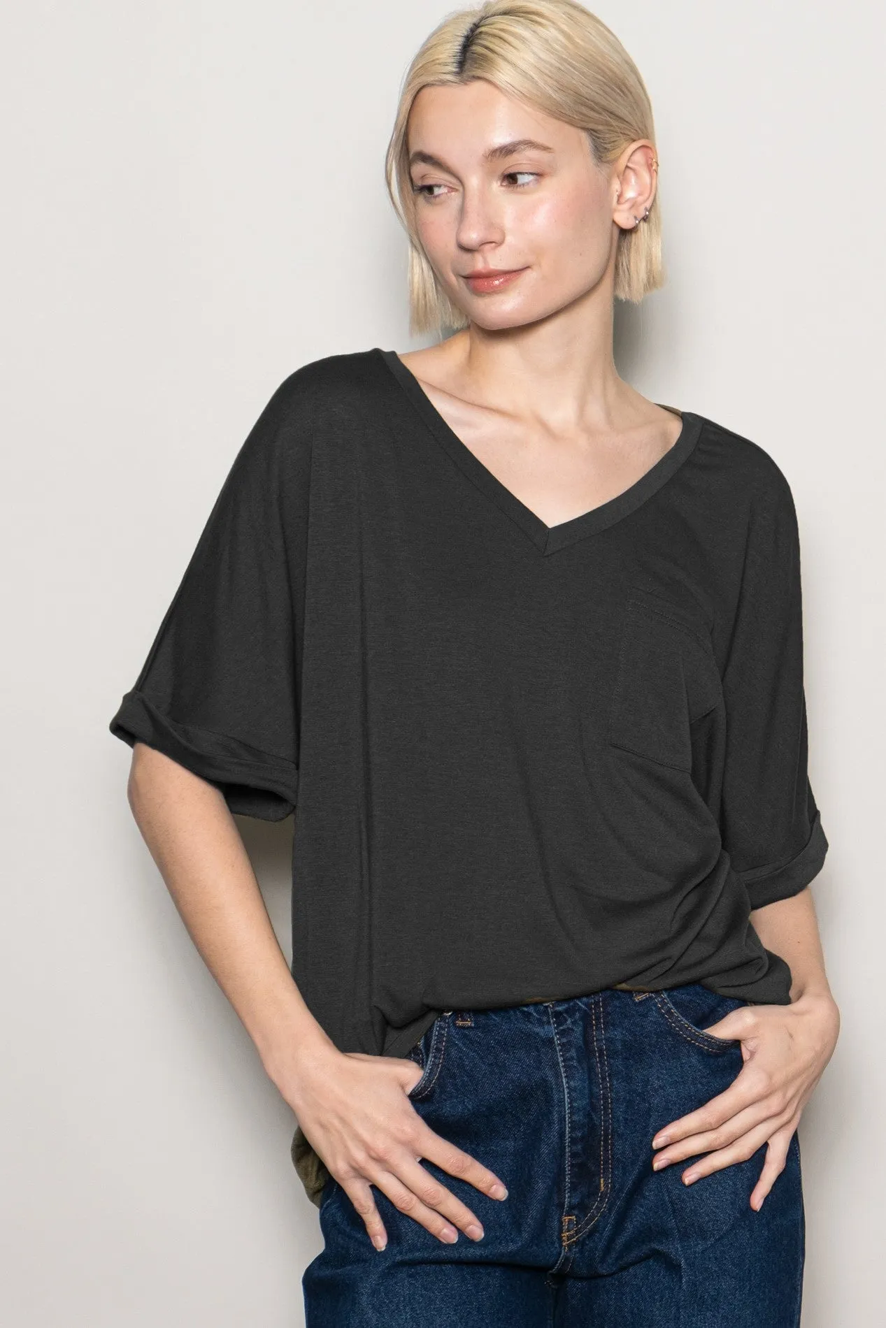 Black Oversized V-Neck Front Pocket T-Shirt sold by Pinkblush