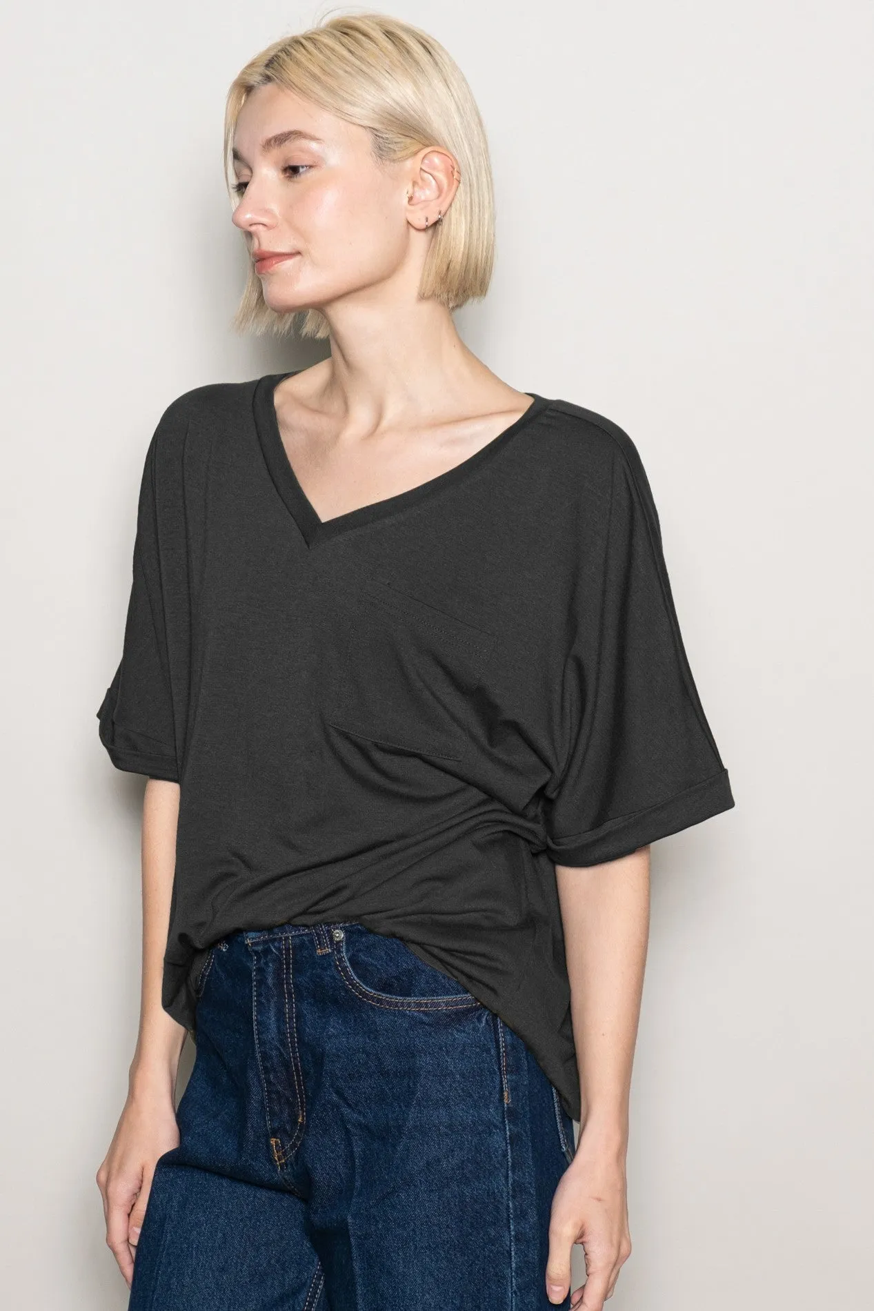 Black Oversized V-Neck Front Pocket T-Shirt sold by Pinkblush product image thumbnail 2