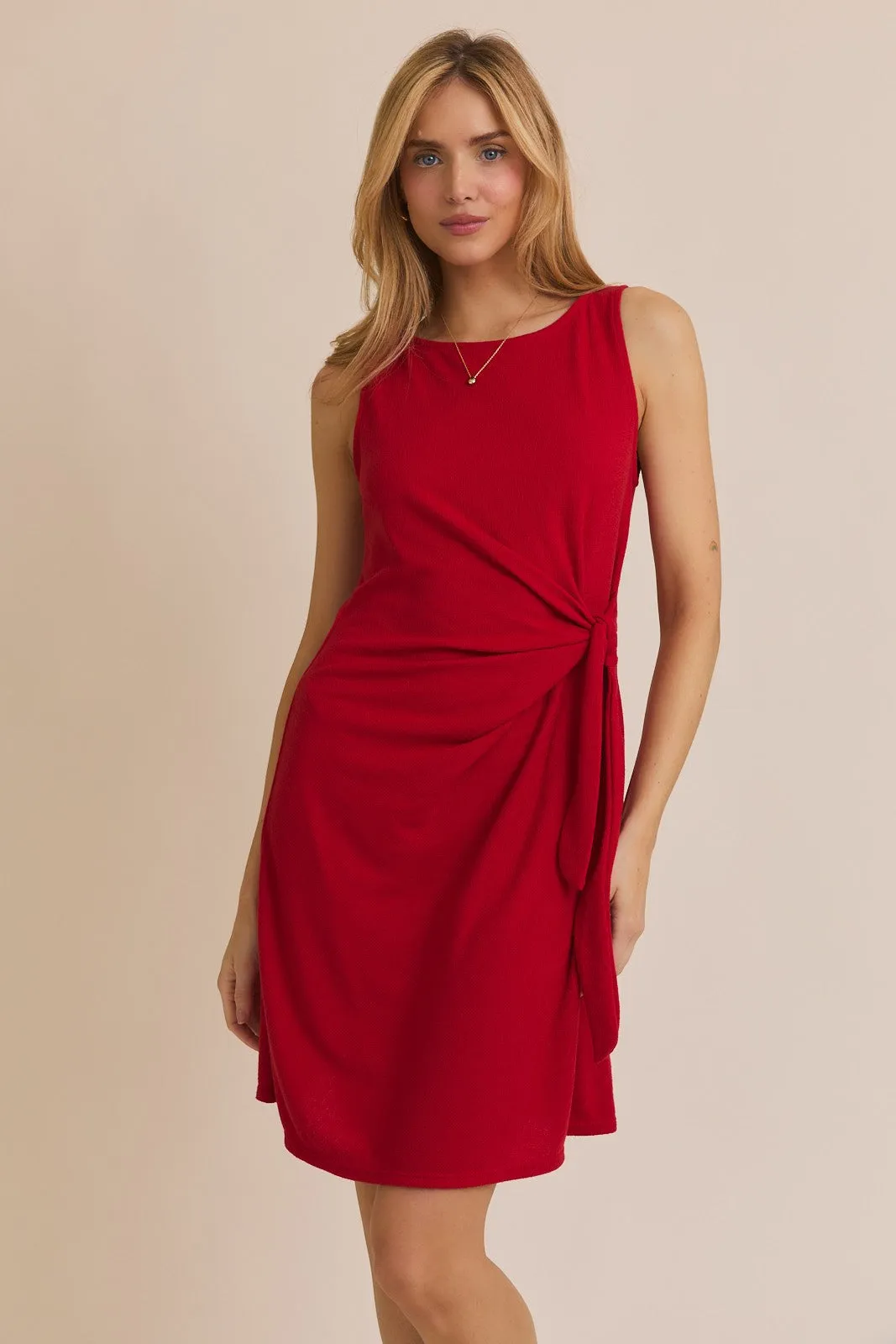 Red Boat Neck Sleeveless Side Tie Mini Dress sold by Pinkblush