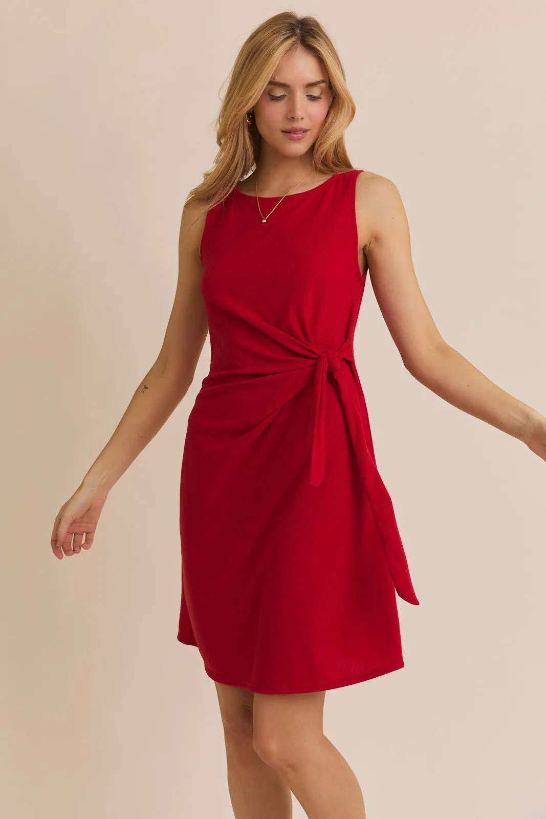 Red Boat Neck Sleeveless Side Tie Mini Dress sold by Pinkblush product image thumbnail 5