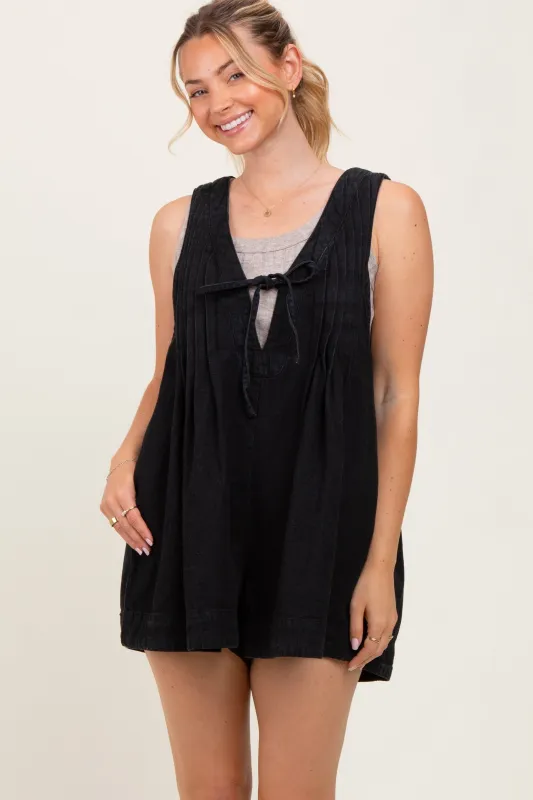 Black Deep V-Neck Pleated Front Tie Sleeveless Romper sold by Pinkblush