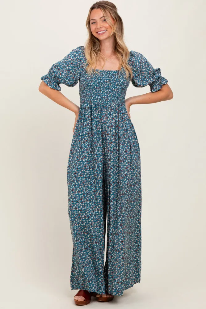 Teal Floral Smocked Puff Sleeve Jumpsuit sold by Pinkblush