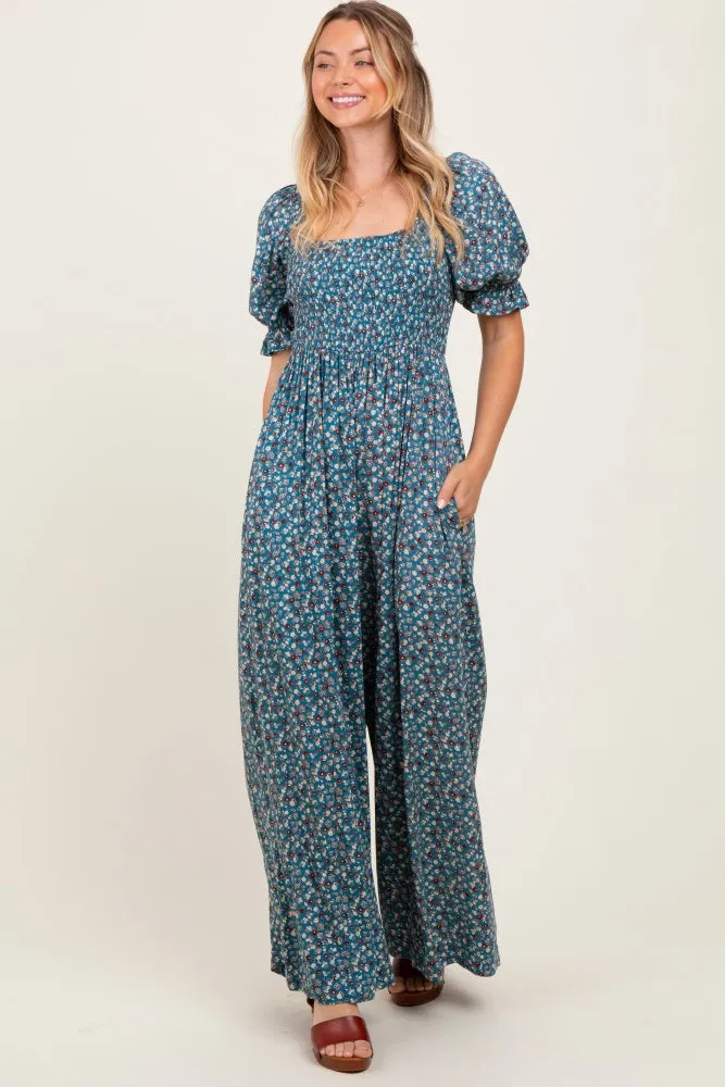 Teal Floral Smocked Puff Sleeve Jumpsuit sold by Pinkblush product image thumbnail 2