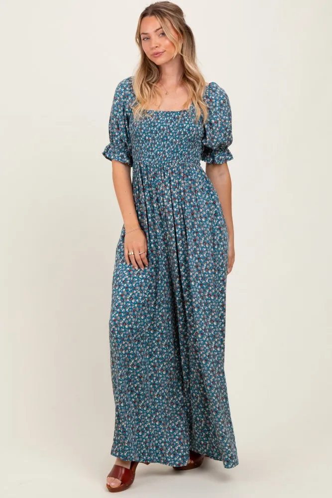 Teal Floral Smocked Puff Sleeve Jumpsuit sold by Pinkblush product image thumbnail 3