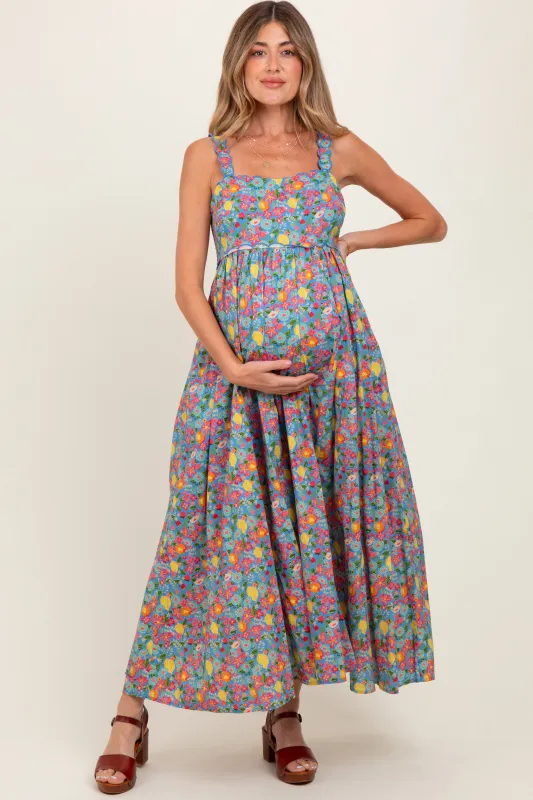 Blue Floral Scallop Detail Sleeveless Maternity Maxi Dress sold by Pinkblush